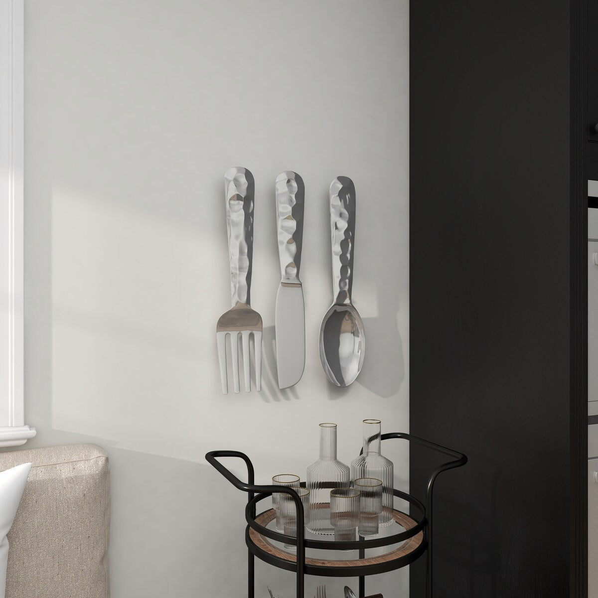 Aluminum Metal Utensils Knife, Spoon and Fork Home Wall Decor - Set of 3 Silver or Copper - Roche River Decor