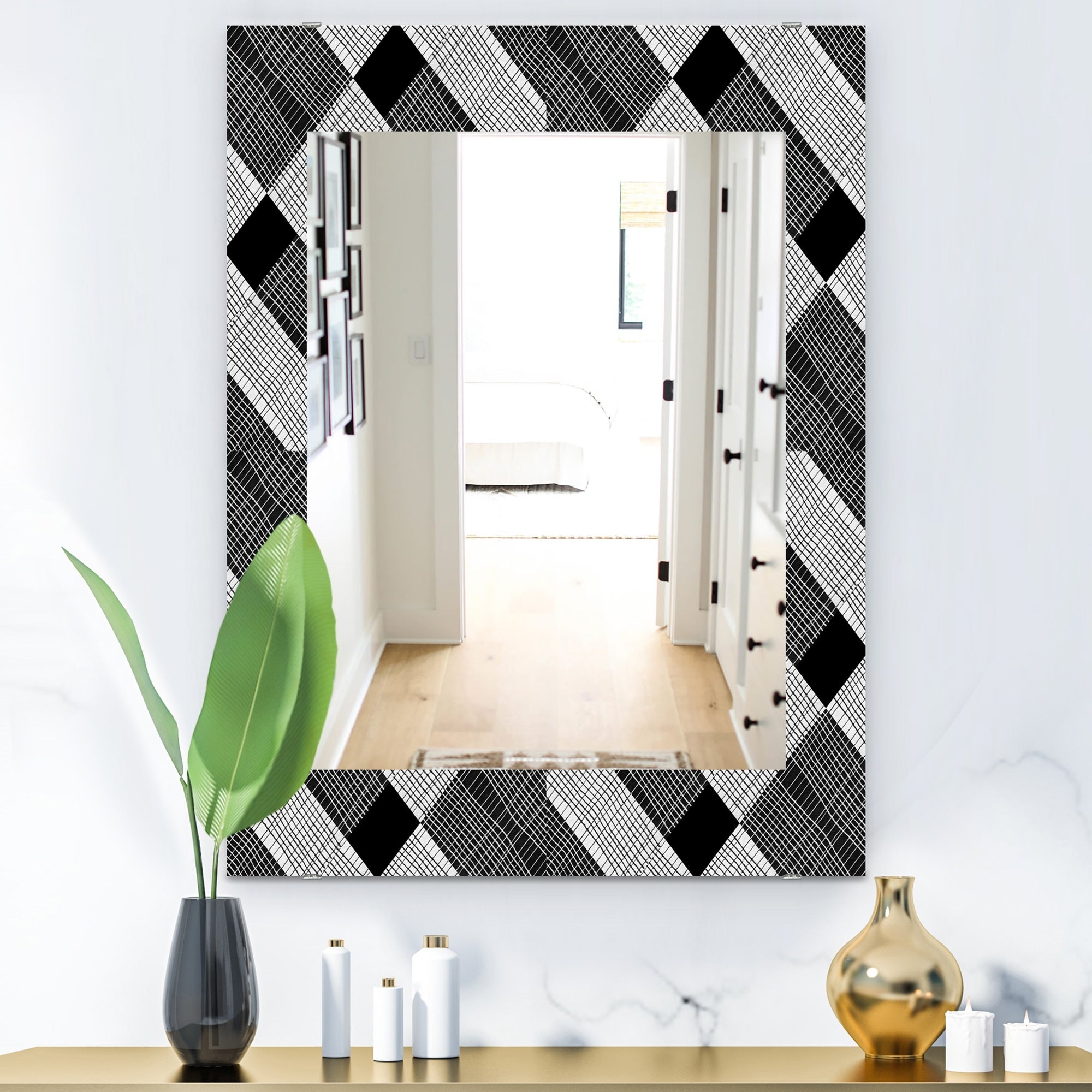 Designart 'Black and White Check Stipes Pattern' Modern Mirror - Printed Wall Mirror
