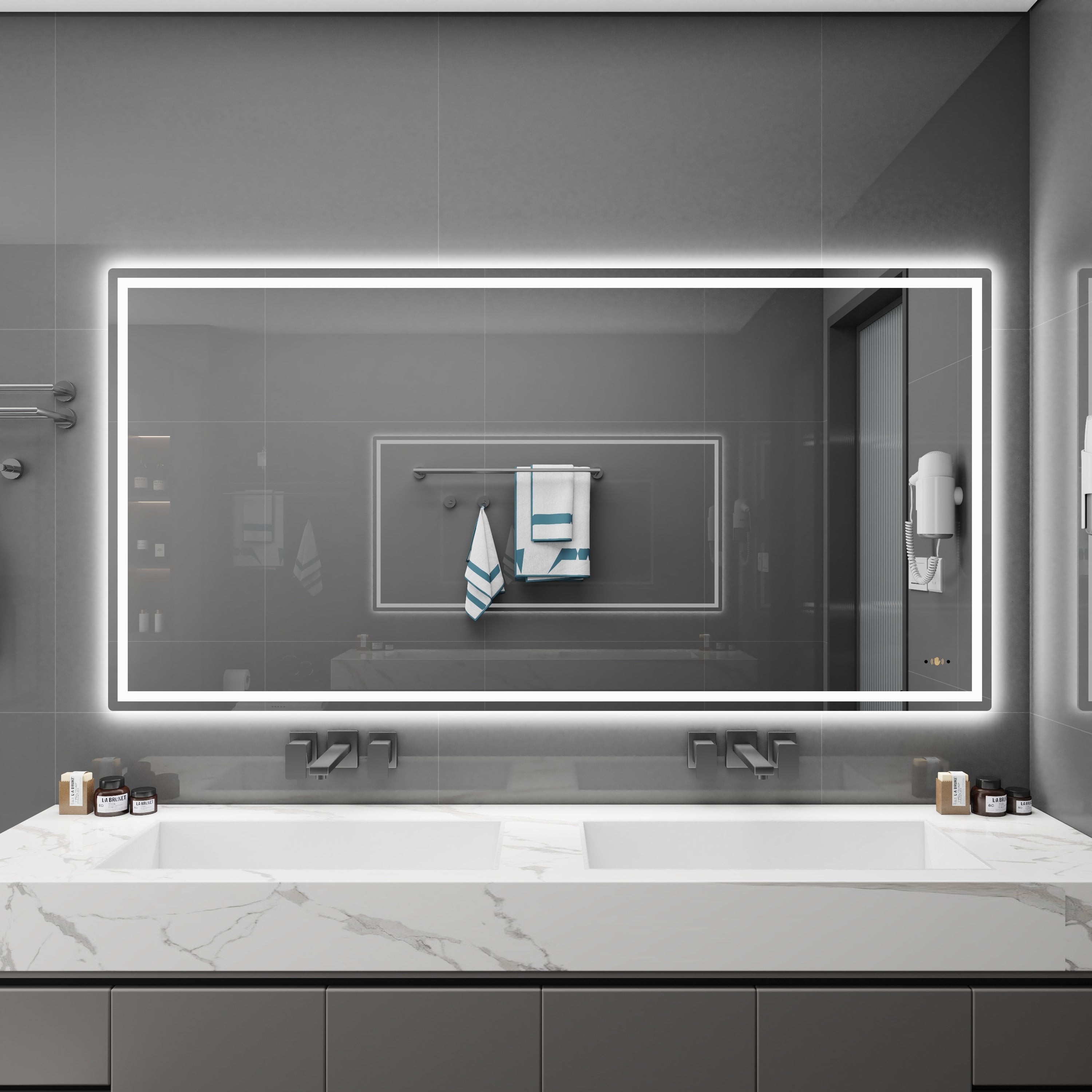 CB HOME Lighted Bathroom Vanity Mirror, LED Wall Mounted Mirror, Gesture Control Smart Lighted Mirror, Dimmable, Frameless