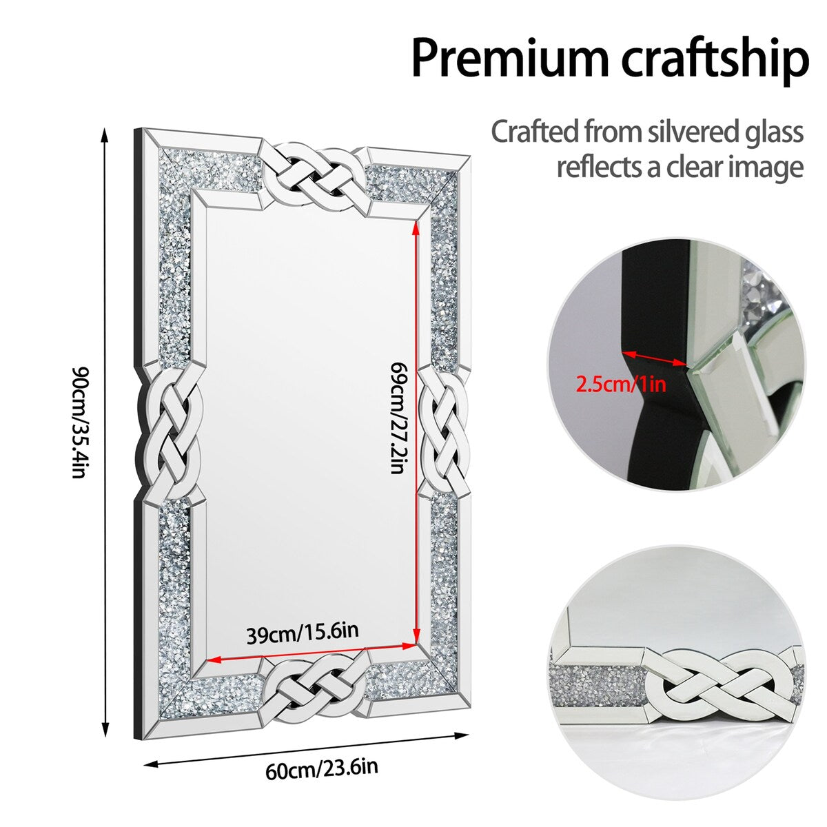 Appealing Decorative Wall Mirror w/Crush Diamond Silver Glass for Home