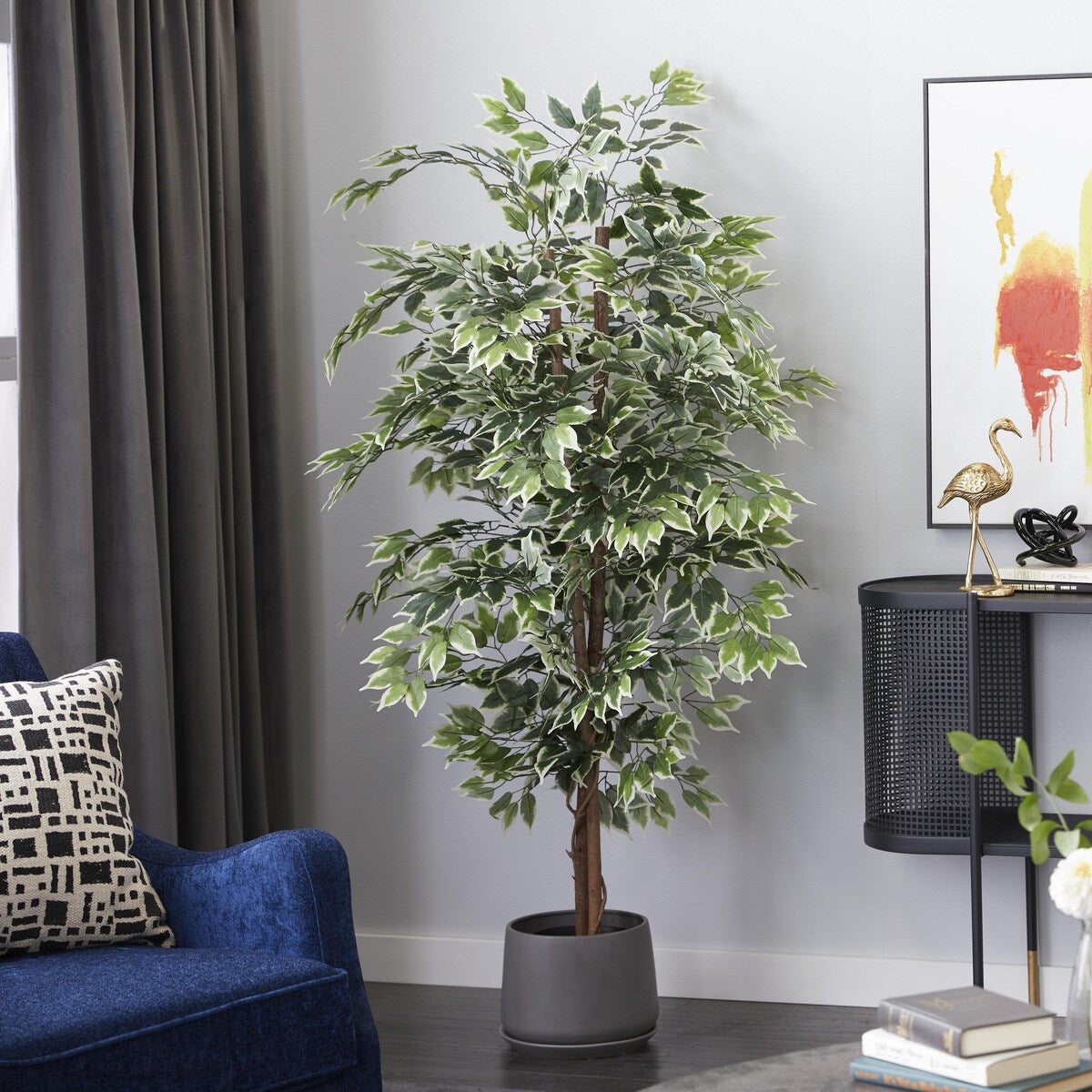 Faux Foliage Ficus Artificial Tree with Realistic Leaves and Black Plastic Pot - Green - Roche River Decor