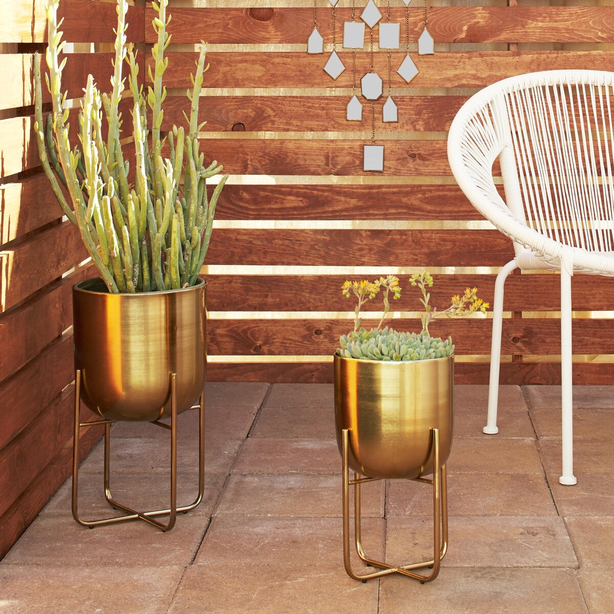 Metal Brushed Dome Indoor Outdoor Planter with Curved X-Shaped Bases - Set of 2 Gold, Silver, Black, White - Roche River Decor