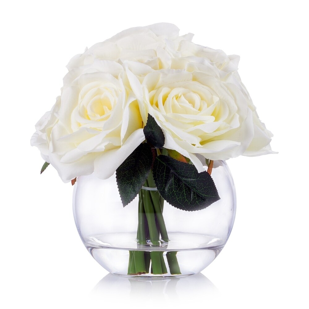 Enova Home 10 Heads Artificial Silk Roses Fake Flowers Arrangement in Round Clear Glass Vase with Faux Water for Home Decoration