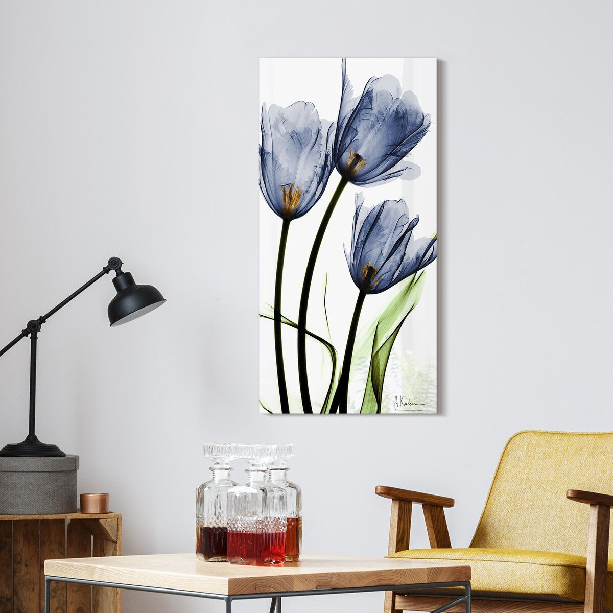 Three Blue Tulips Frameless Free Floating Tempered Glass Panel Graphic Wall Art