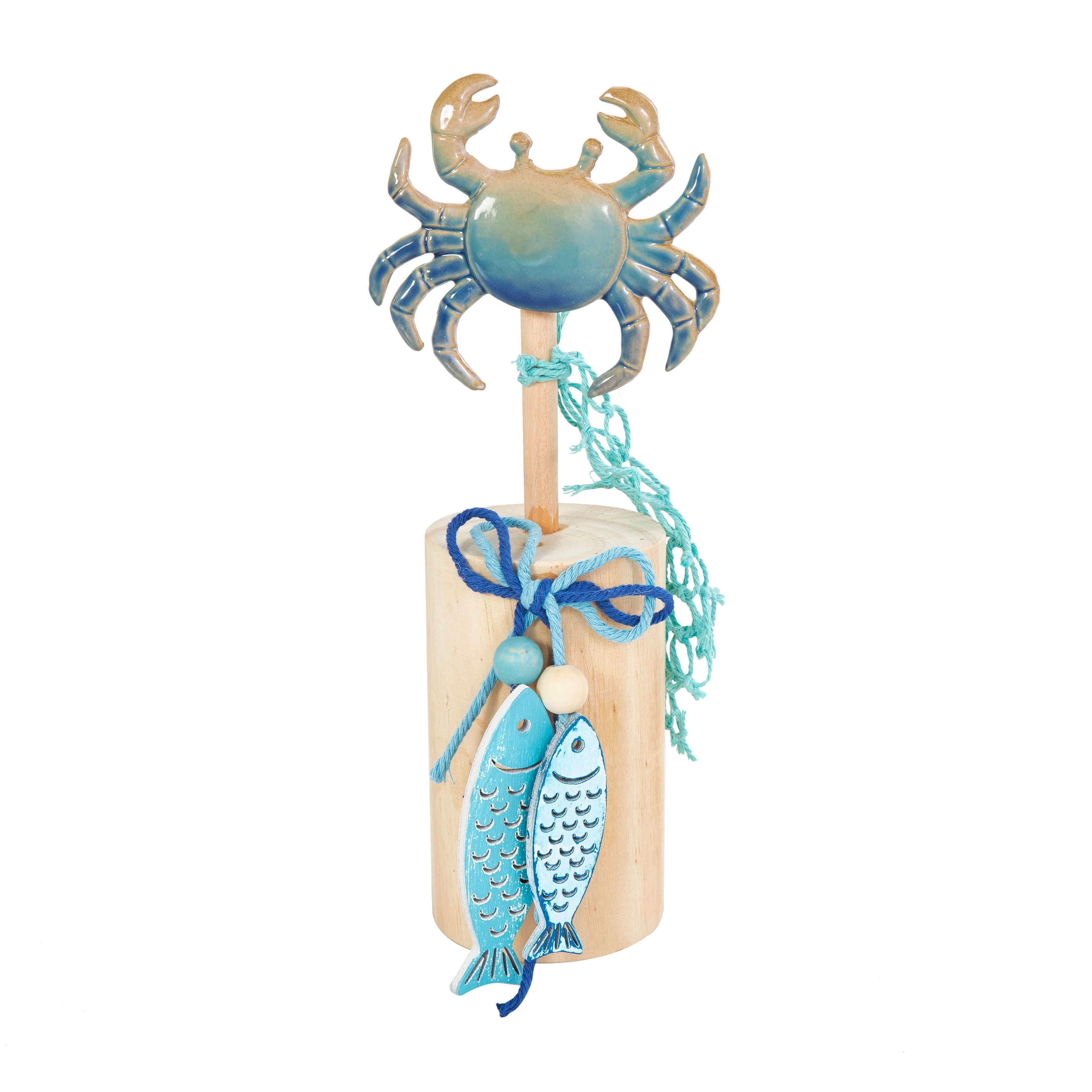 Blue Ceramic Handmade Ombre Sea Life Decorative Sculpture with Cylinder Block Bases and Netting Accents (Set of 3)