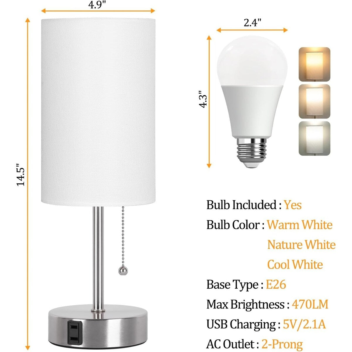 Table Lamp for Bedroom, 3-Color Bedside Lamps with Pull Chain, Bedroom Table Lamps for Nightstand, Bulb Included