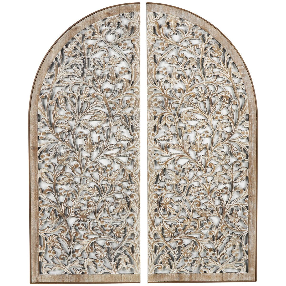 Wooden Floral Handmade Arched Home Wall Decor with Intricate Carvings - Set of 2 Brown - Roche River Decor