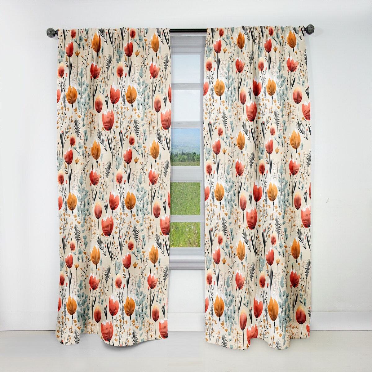 Designart Orange Meadow Floral Pattern I Floral Blackout Printed Art Curtain For Bedroom