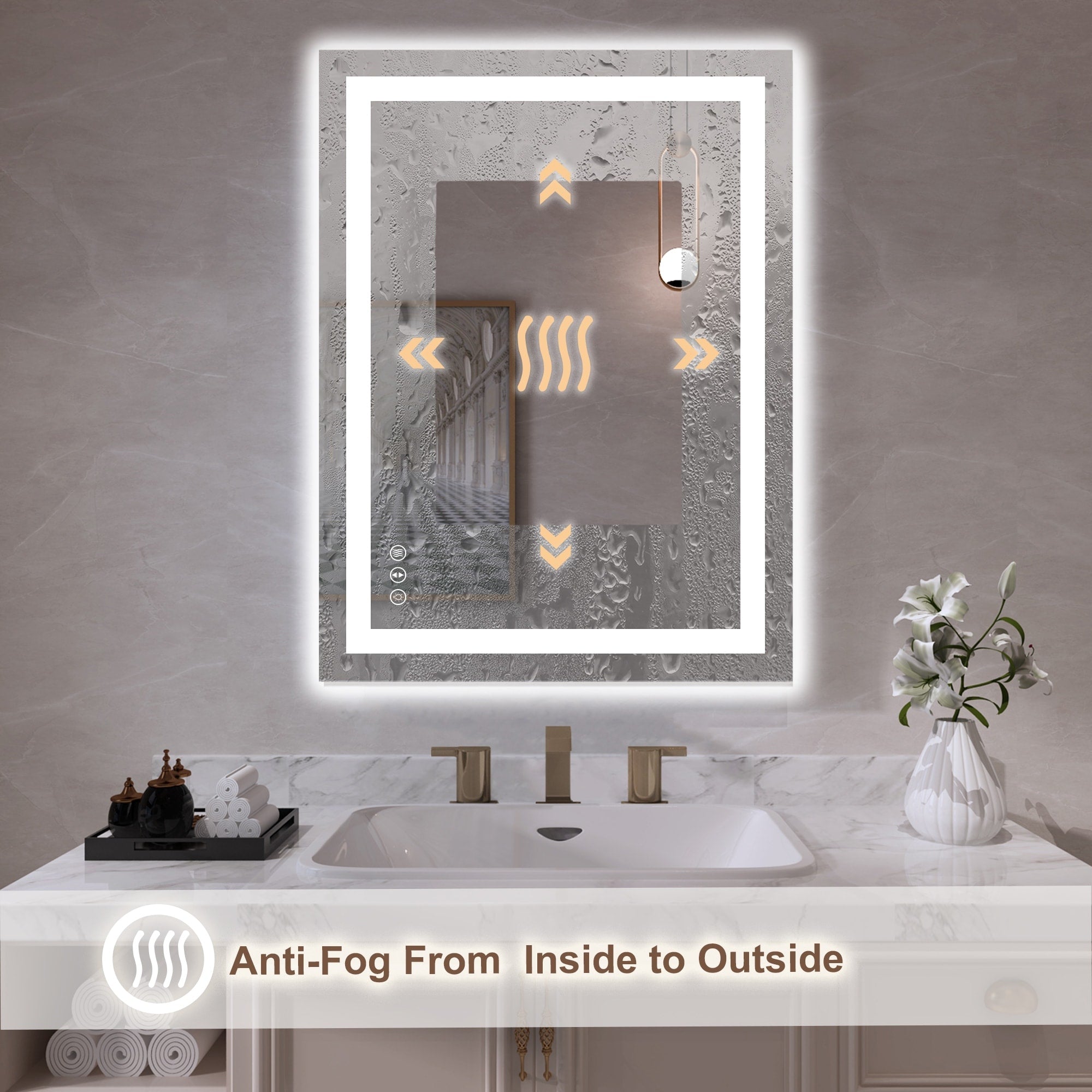 Large Rectangular Frameless Anti-Fog LED Light Wall Mounted Bathroom Vanity Mirror in White - N/A