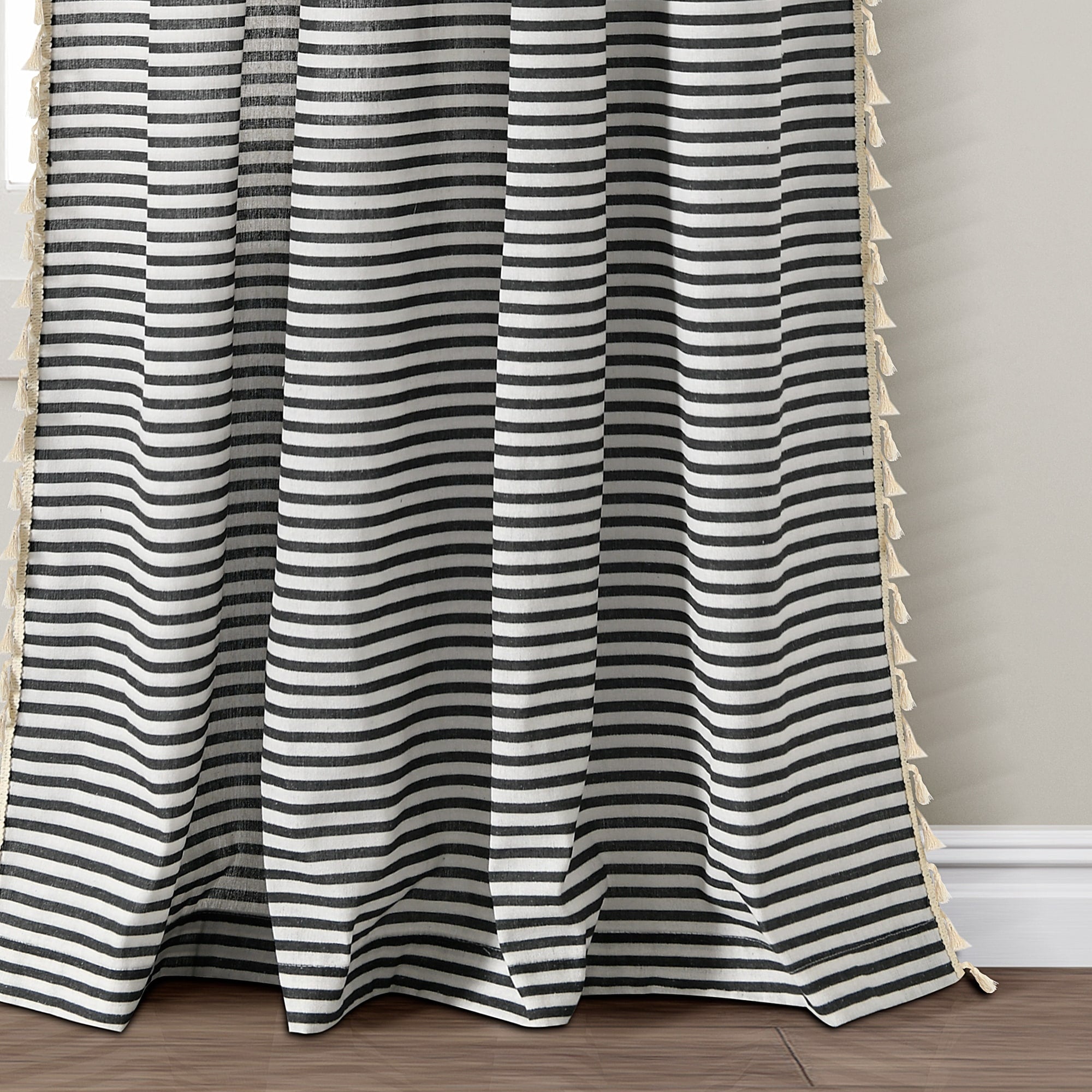 Lush Decor Boho Coastal Horizontal Ticking Stripe Tassel Window Curtain Panels