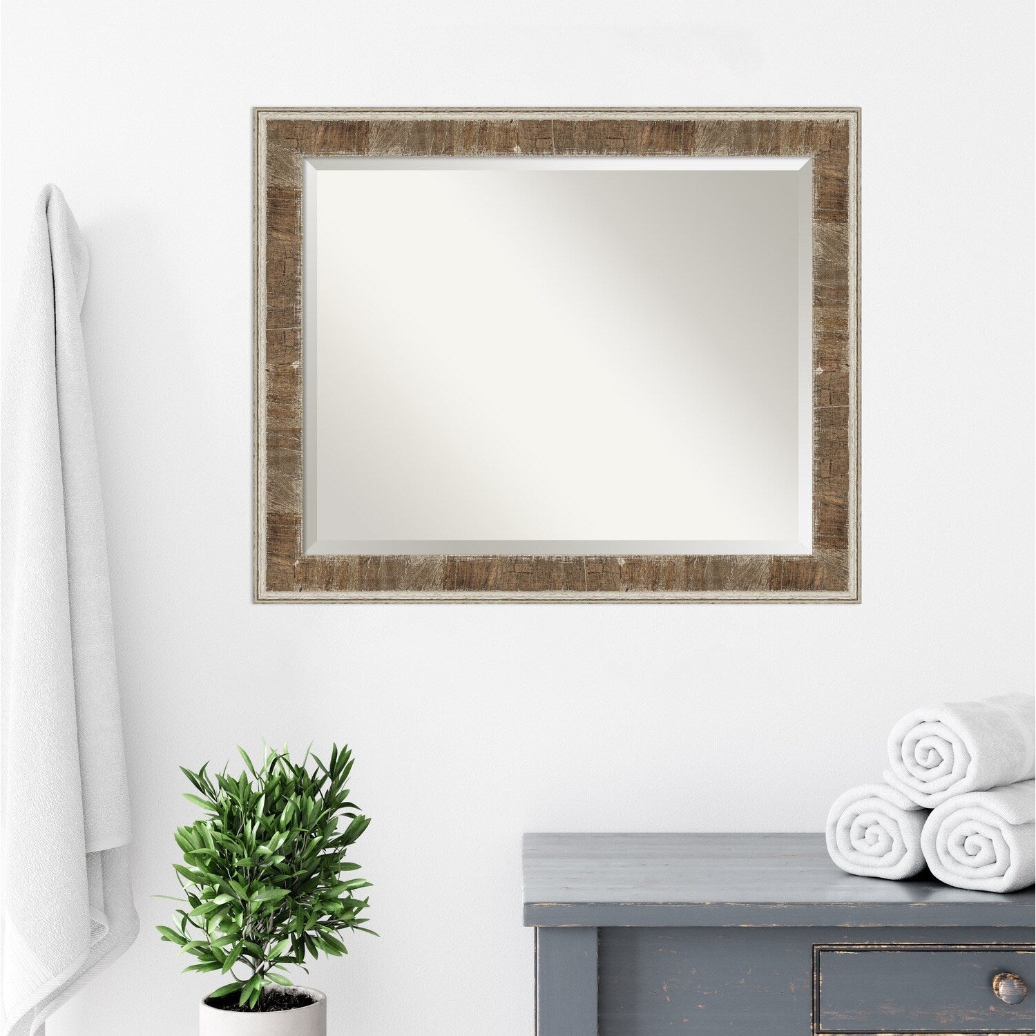 Beveled Wood Bathroom Wall Mirror - Farmhouse Brown Narrow Frame