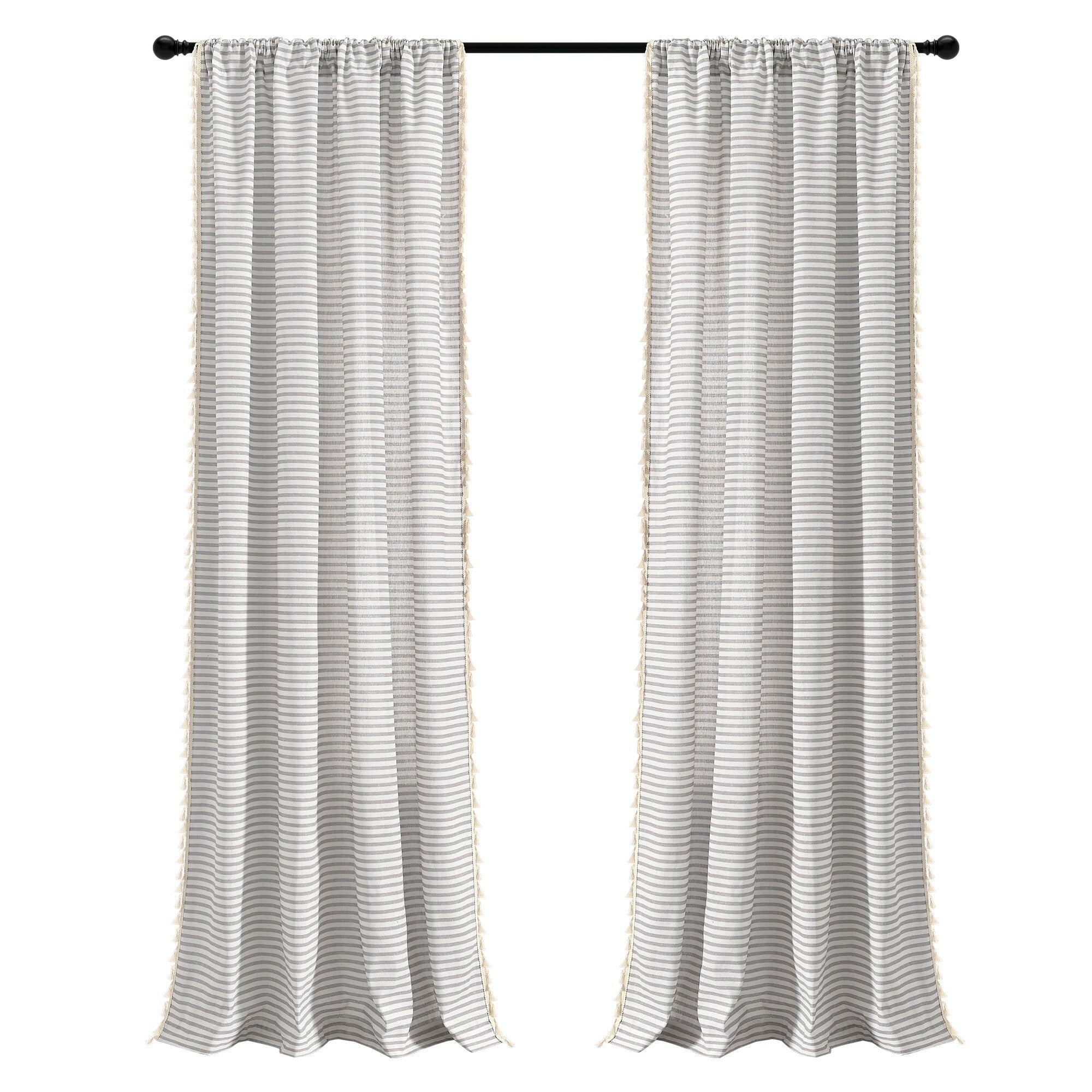 Lush Decor Boho Coastal Horizontal Ticking Stripe Tassel Window Curtain Panels