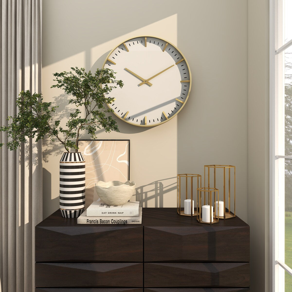 Glass or Plastic Decorative Wall Clock with Gold or Black Accents - Dark Blue, Gold, Black - Roche River Decor