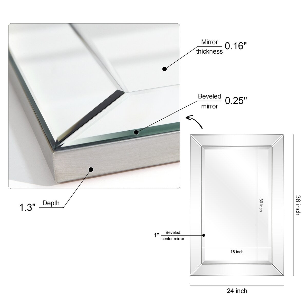 Beveled Rectangular Clear HD Wall Mounted Mirror for Bathroom, Bedroom, 3 sizes