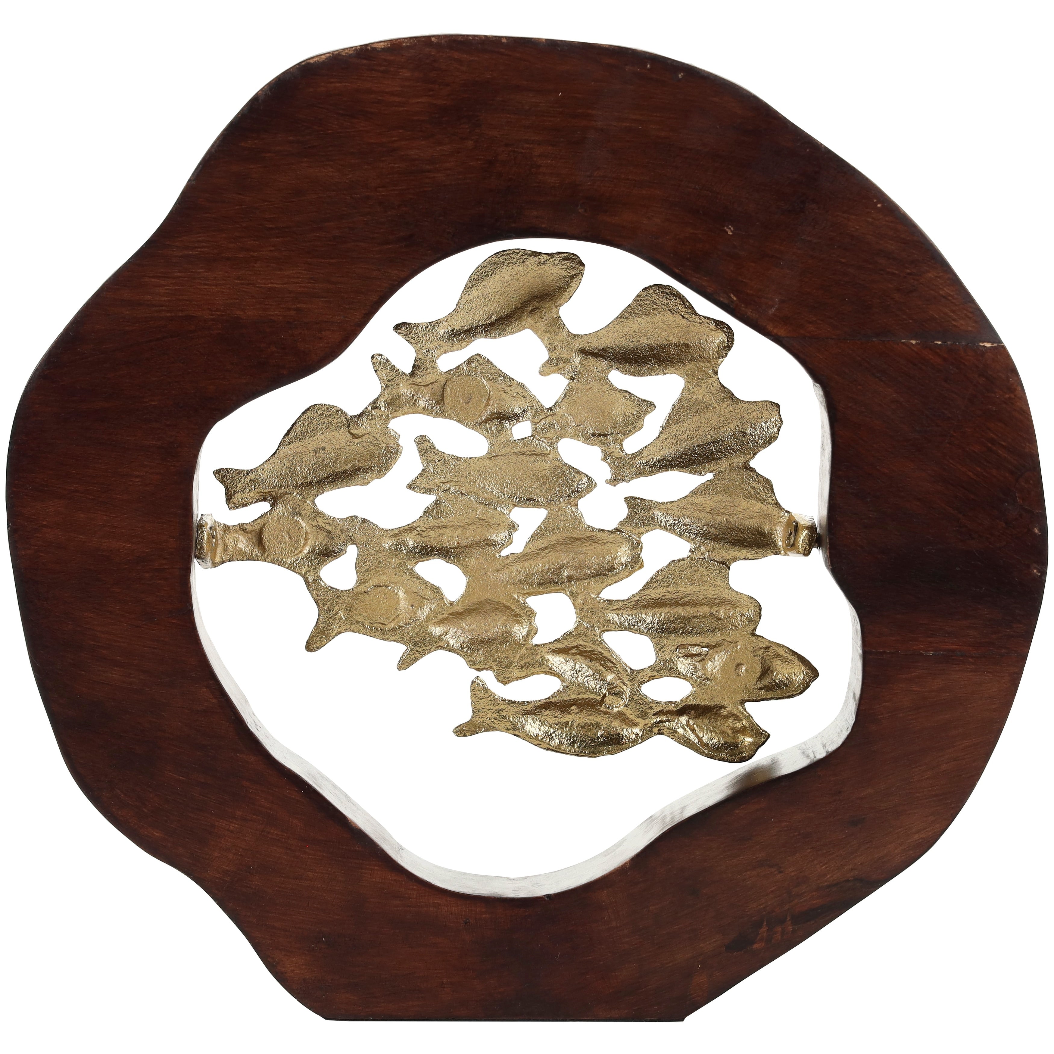 Gold Aluminum Metal Fish Decorative Sculpture with Brown Wooden Frame