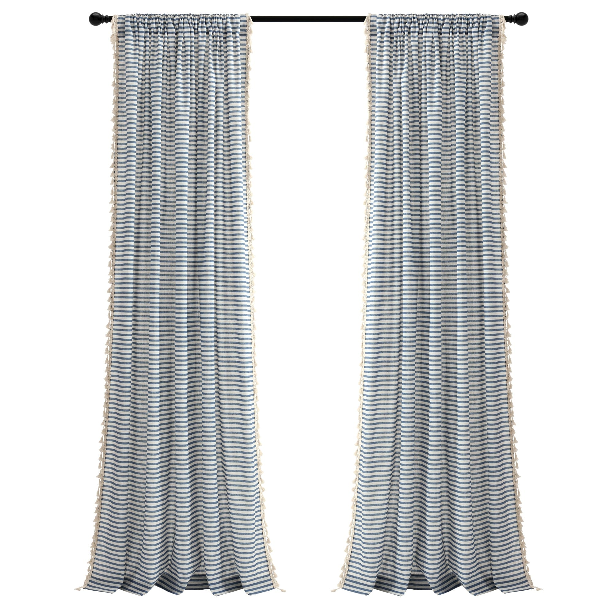 Lush Decor Boho Coastal Horizontal Ticking Stripe Tassel Window Curtain Panels