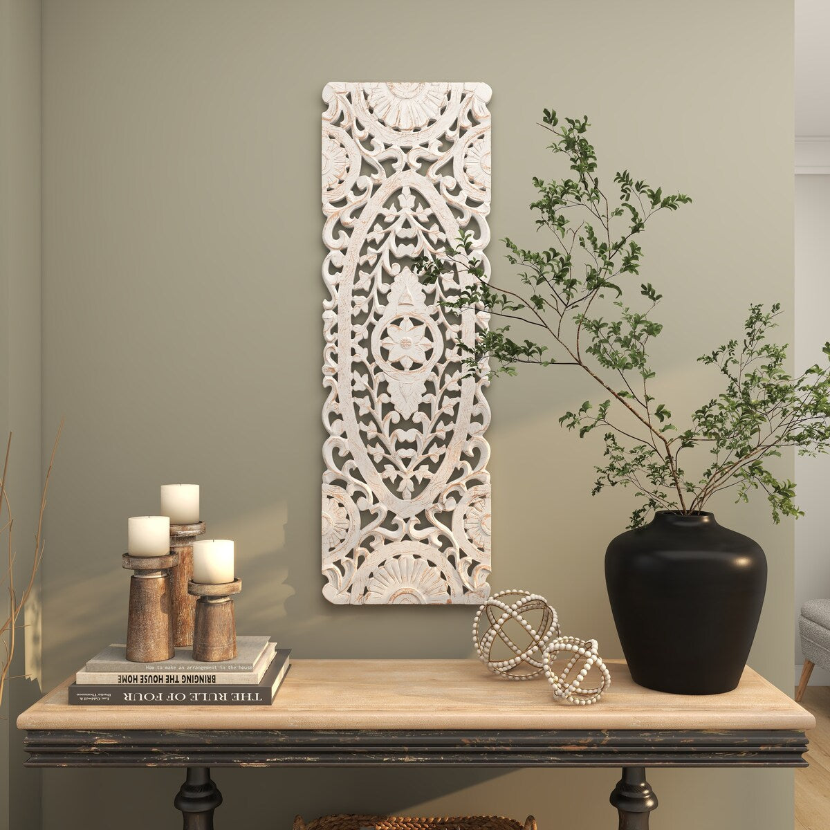 Wooden Floral Handmade Intricately Carved Home Wall Decor - White - Roche River Decor