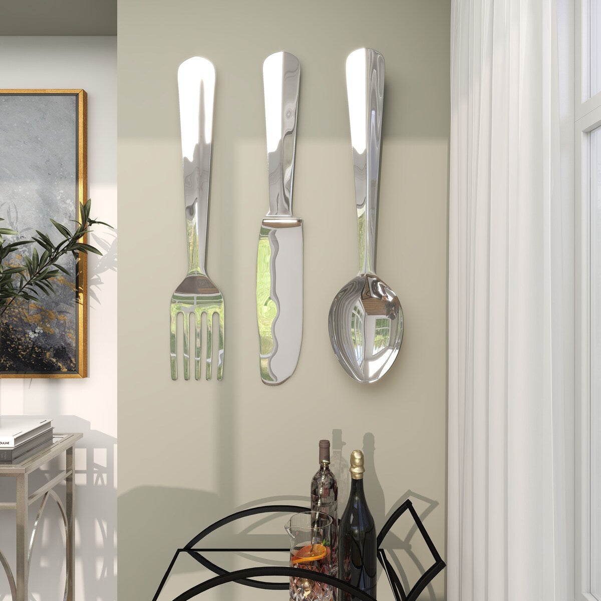 Aluminum Metal Utensils Knife, Spoon and Fork Home Wall Decor - Set of 3 Silver or Copper - Roche River Decor