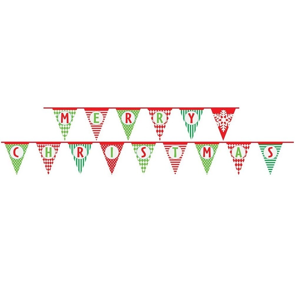 Unique 14 Feet Paper Patterned Merry Christmas Pennant Banner - Green - 14.3 x 11.2 x 4.3