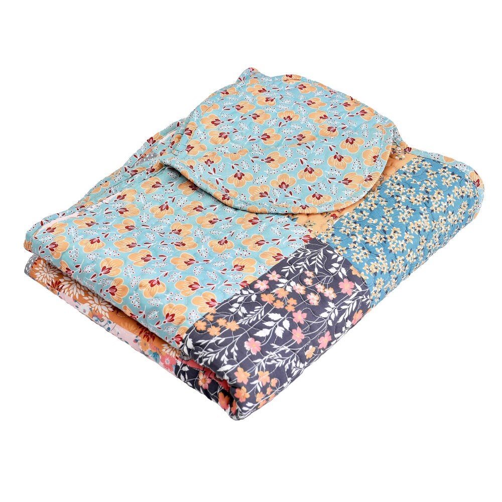 Turin 60 Inch Throw Blanket, Microfiber, Patchwork Floral Print, Multicolor