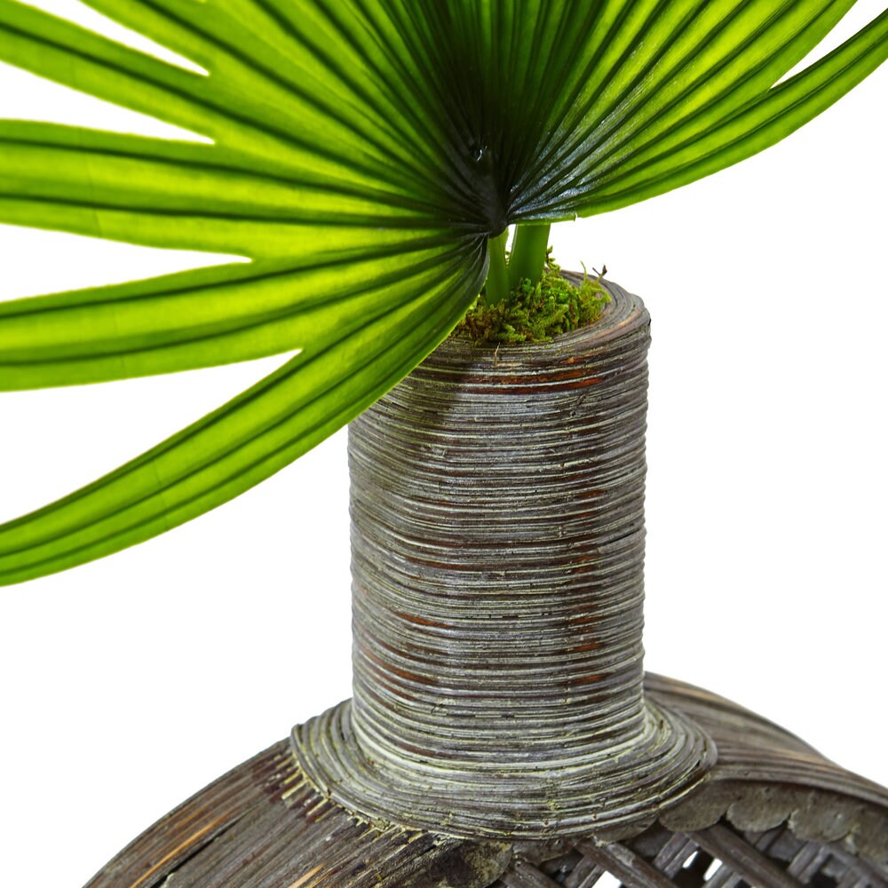 Nearly Natural Silk Artificial Fan Palm in Open Weave Vase