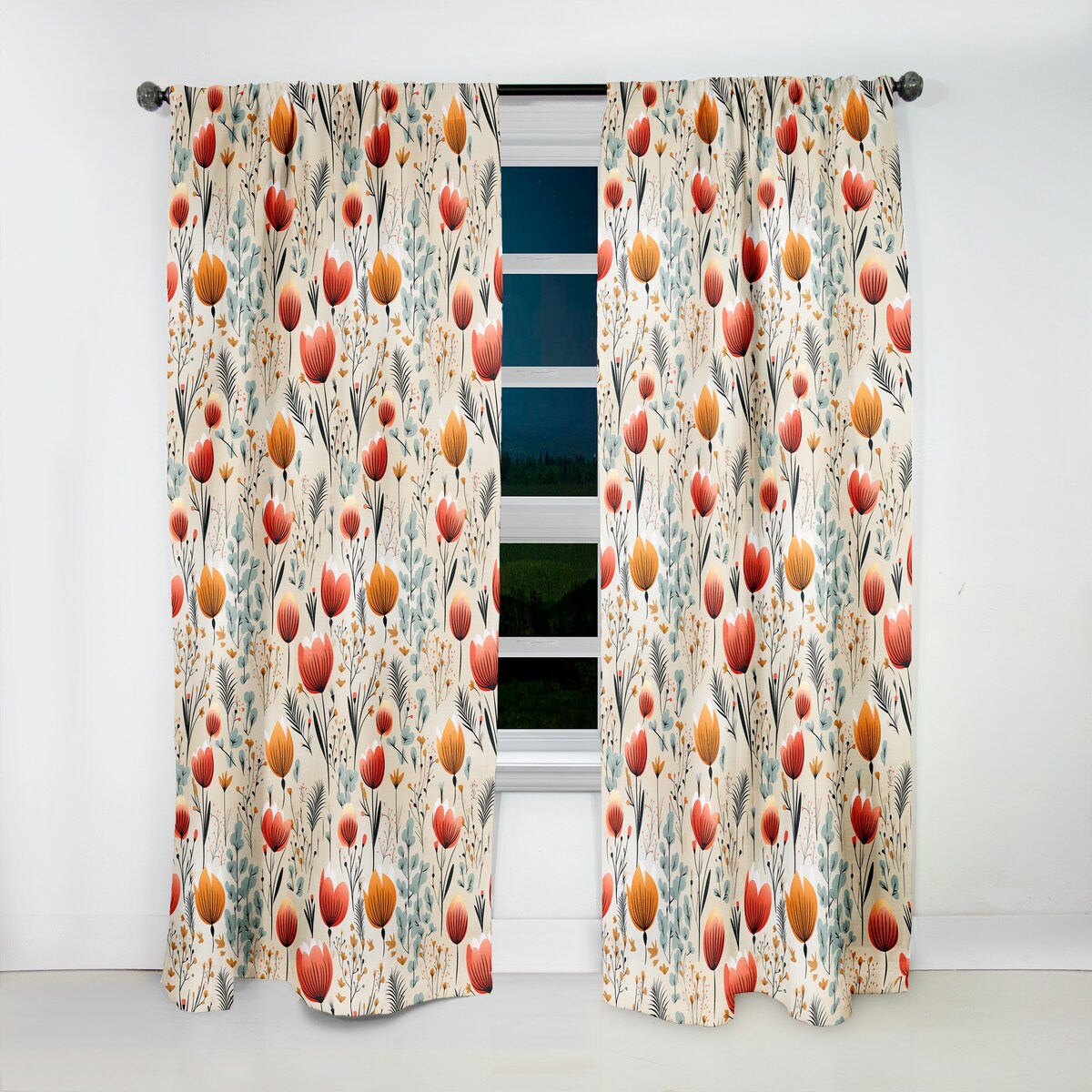 Designart Orange Meadow Floral Pattern I Floral Blackout Printed Art Curtain For Bedroom