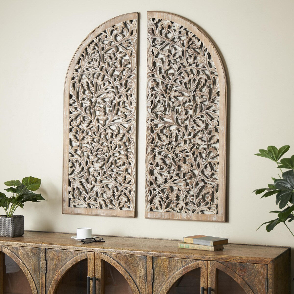 Wooden Floral Handmade Arched Home Wall Decor with Intricate Carvings - Set of 2 Brown - Roche River Decor