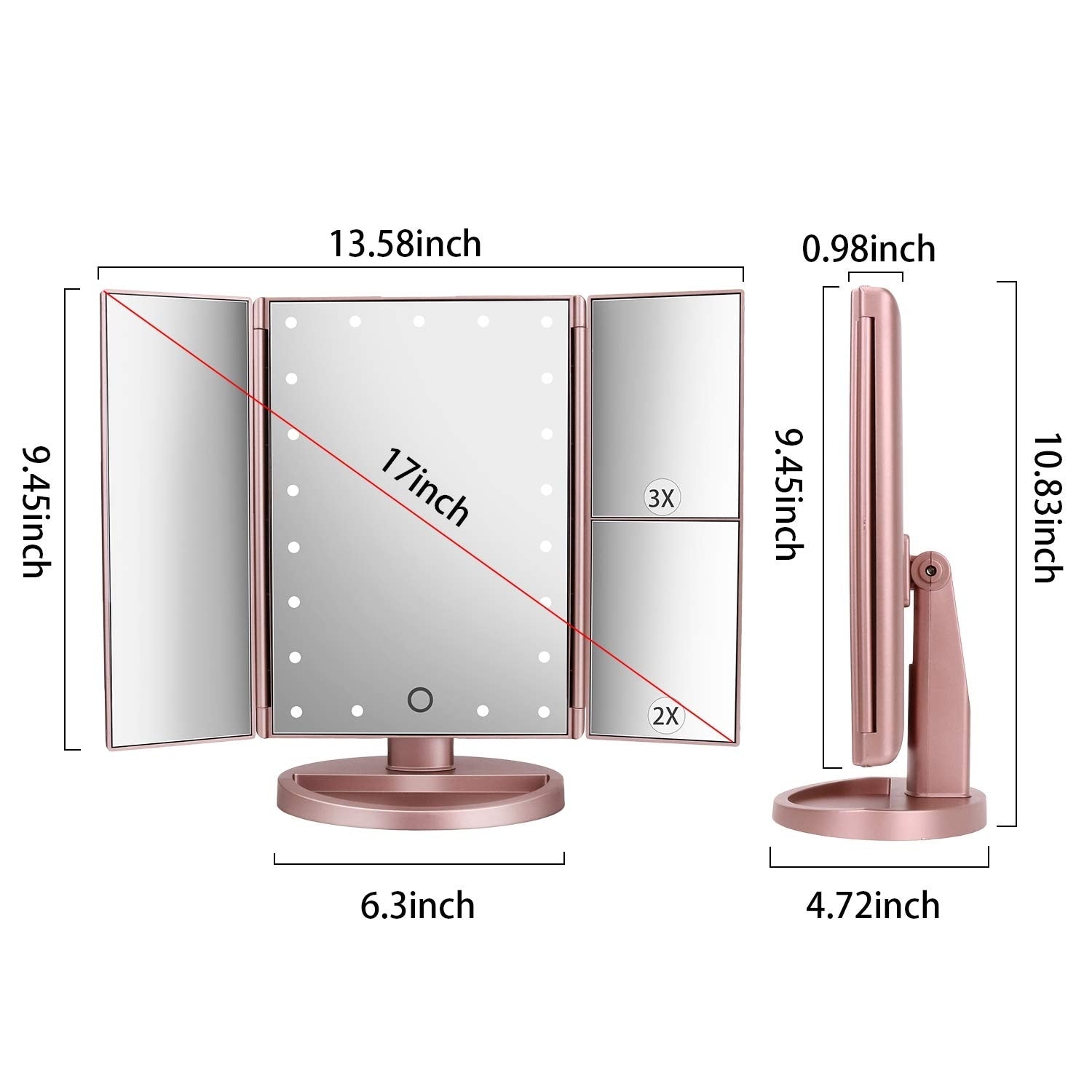 Tabletop Mount Trifold Lighted Vanity Mirror with 21 LED Lights,Two Power Supply Mode Make up Mirror