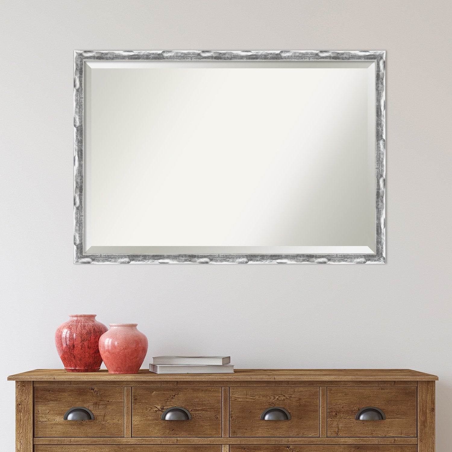 Beveled Bathroom Wall Mirror - Scratched Wave Chrome Frame - Scratched Wave Chrome