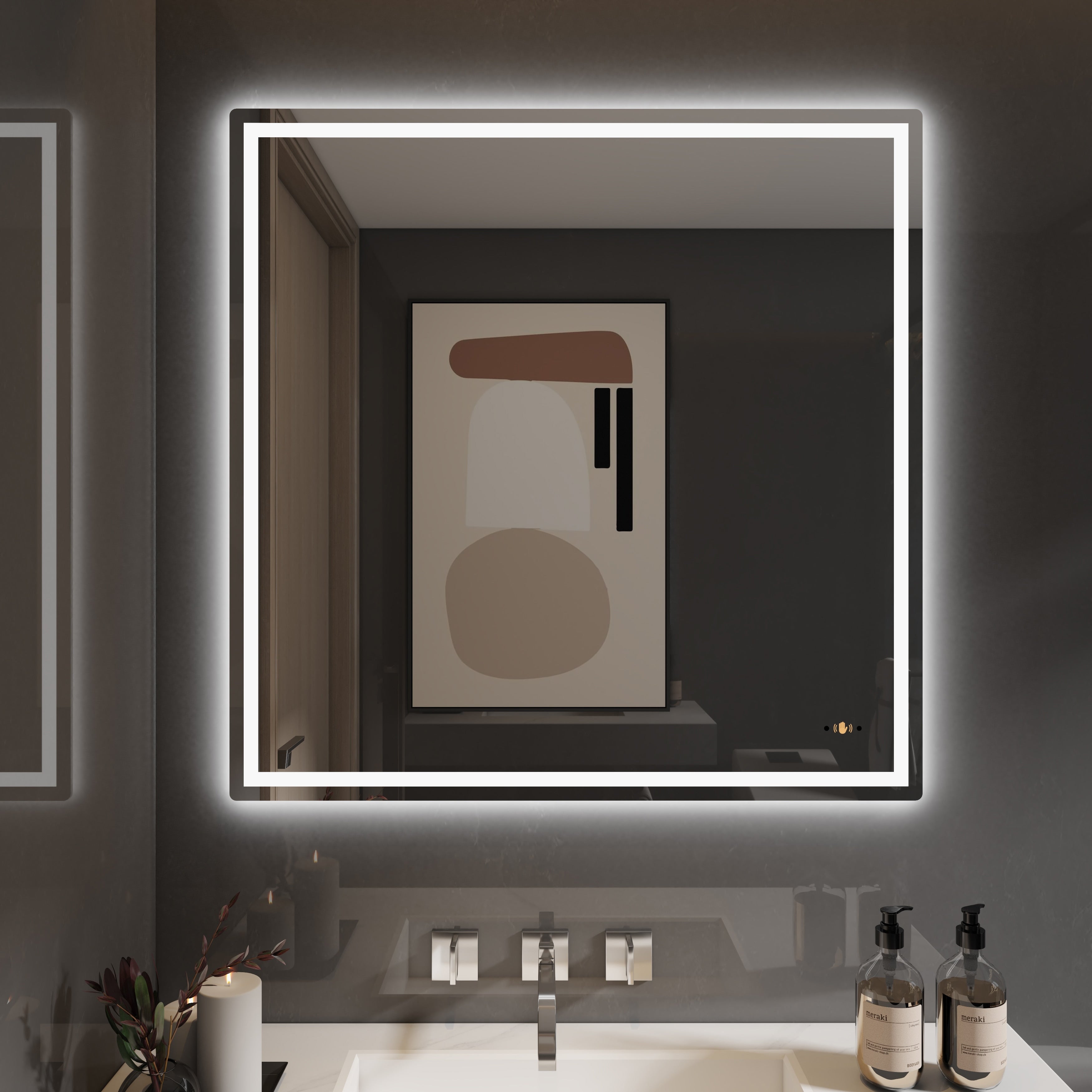 CB HOME Lighted Bathroom Vanity Mirror, LED Wall Mounted Mirror, Gesture Control Smart Lighted Mirror, Dimmable, Frameless