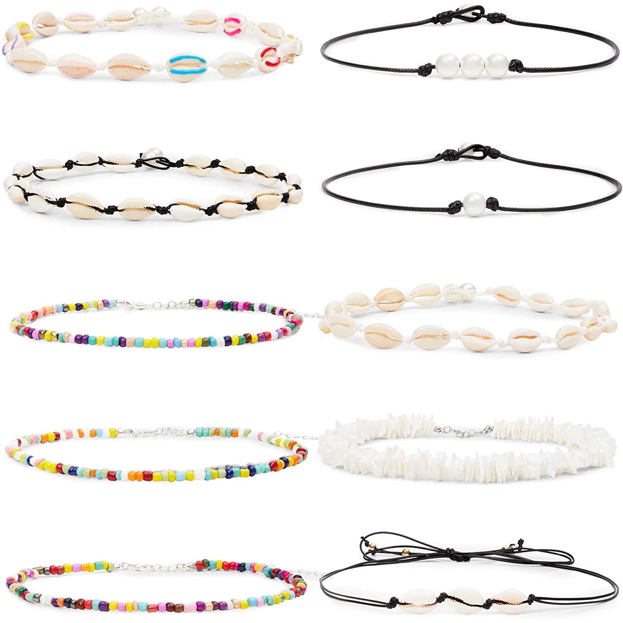 Puka Shell Necklaces, Pearl Shell Choker Necklaces for Women (10-Pack)