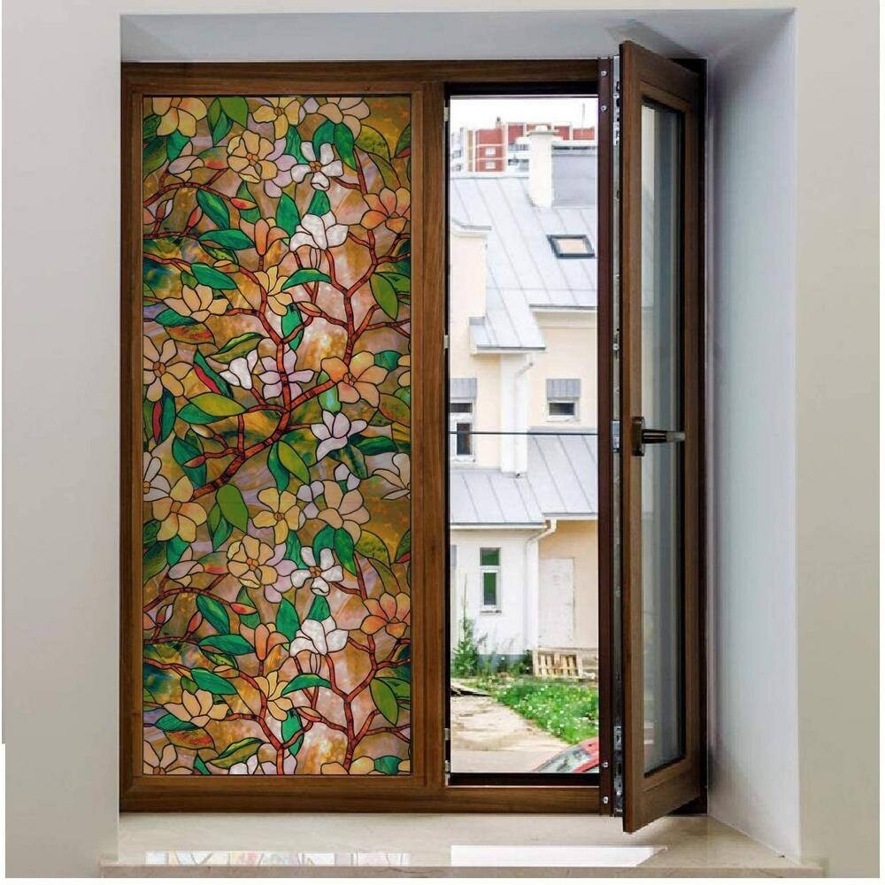 DCP No Glue Self Static Removable Frosted Glass Privacy Window Film, Blooming Flowers