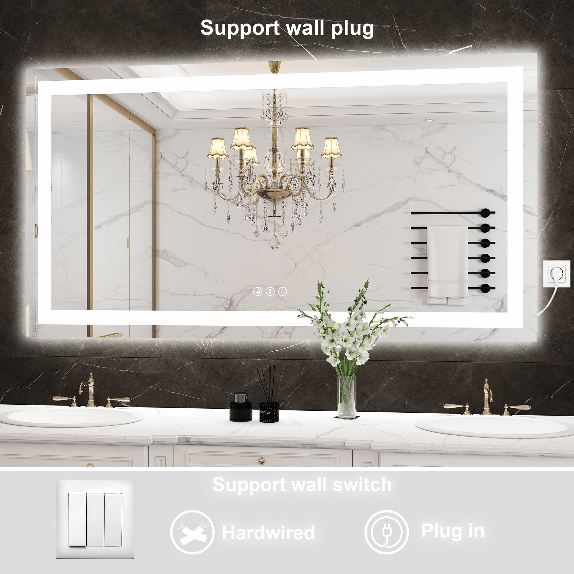 Large Rectangular Frameless Anti-Fog LED Light Wall Mounted Bathroom Vanity Mirror in White - N/A