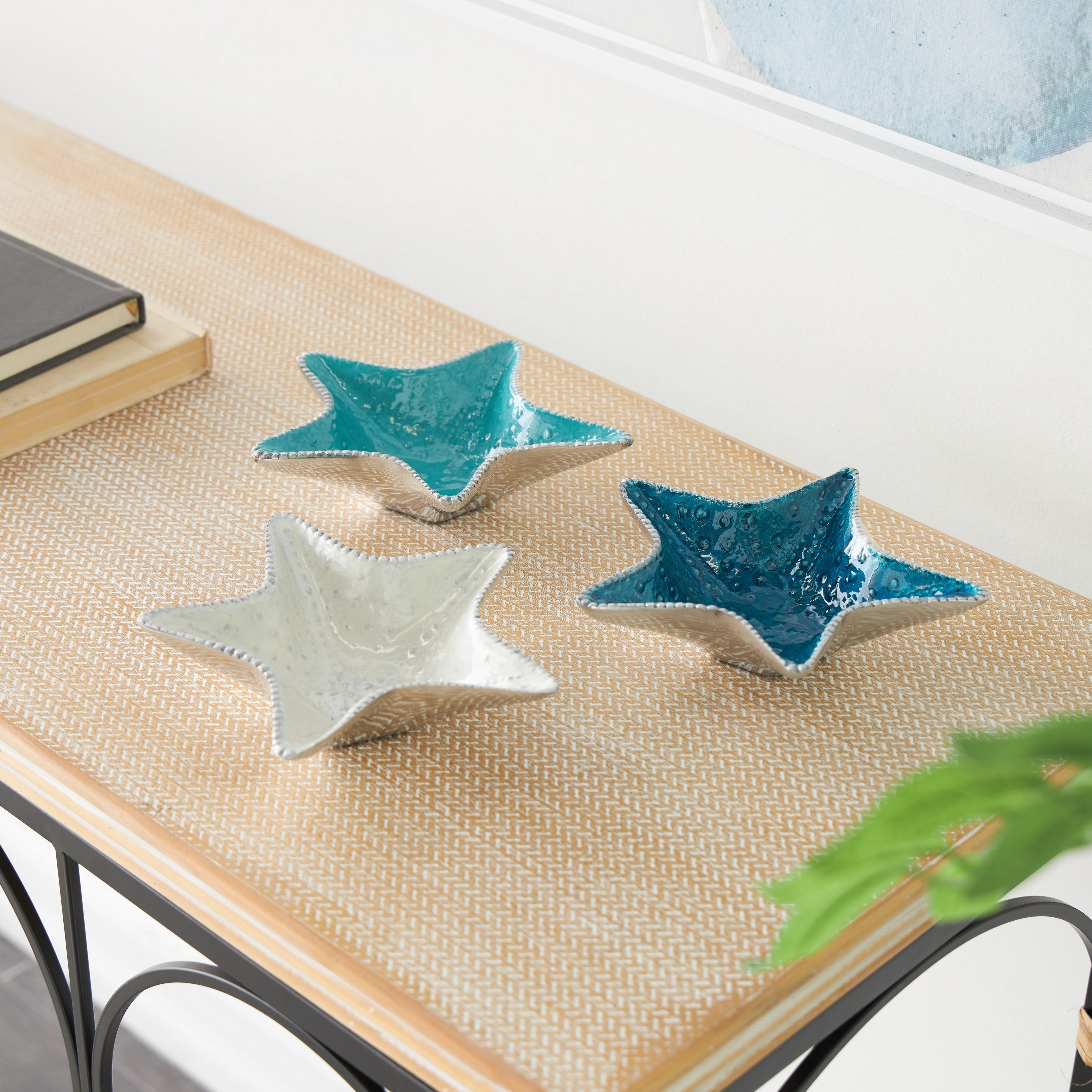 Multi Colored Aluminum Metal Handmade Enameled Starfish Decorative Bowl with Bubble Design and Silver Bases (Set of 3)