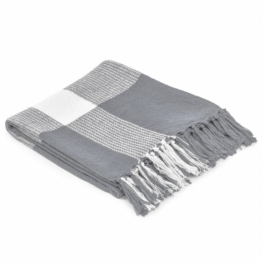 50 X 60 Gray Woven Cotton Checkered Throw Blanket with Fringe