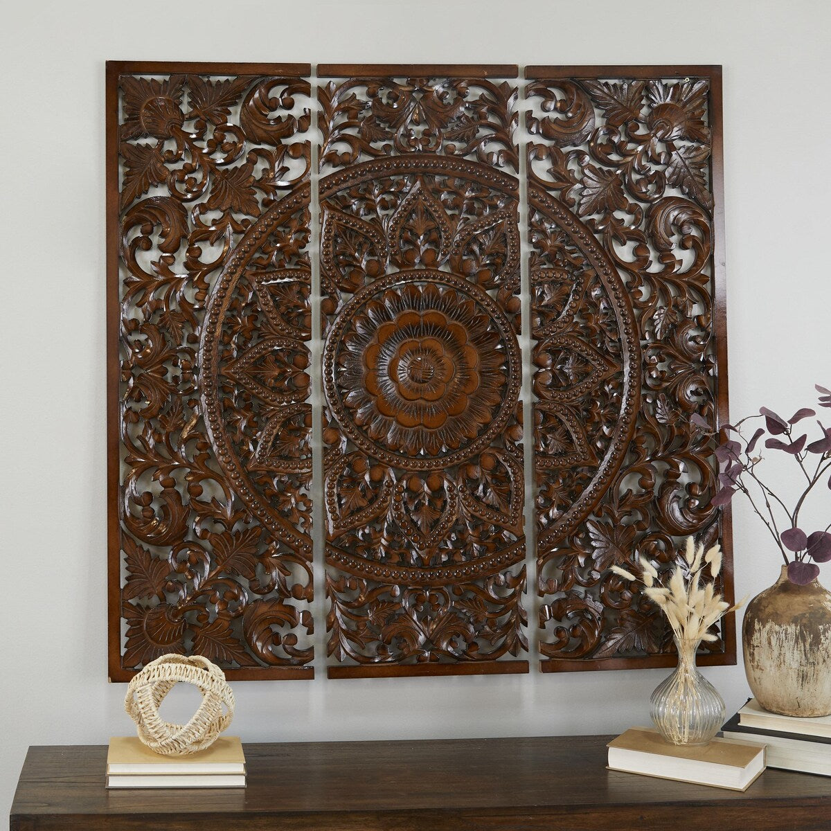 Wooden Floral Handmade Intricately Carved Home Wall Decor with Mandala Design - Set of 3 Brown - Roche River Decor