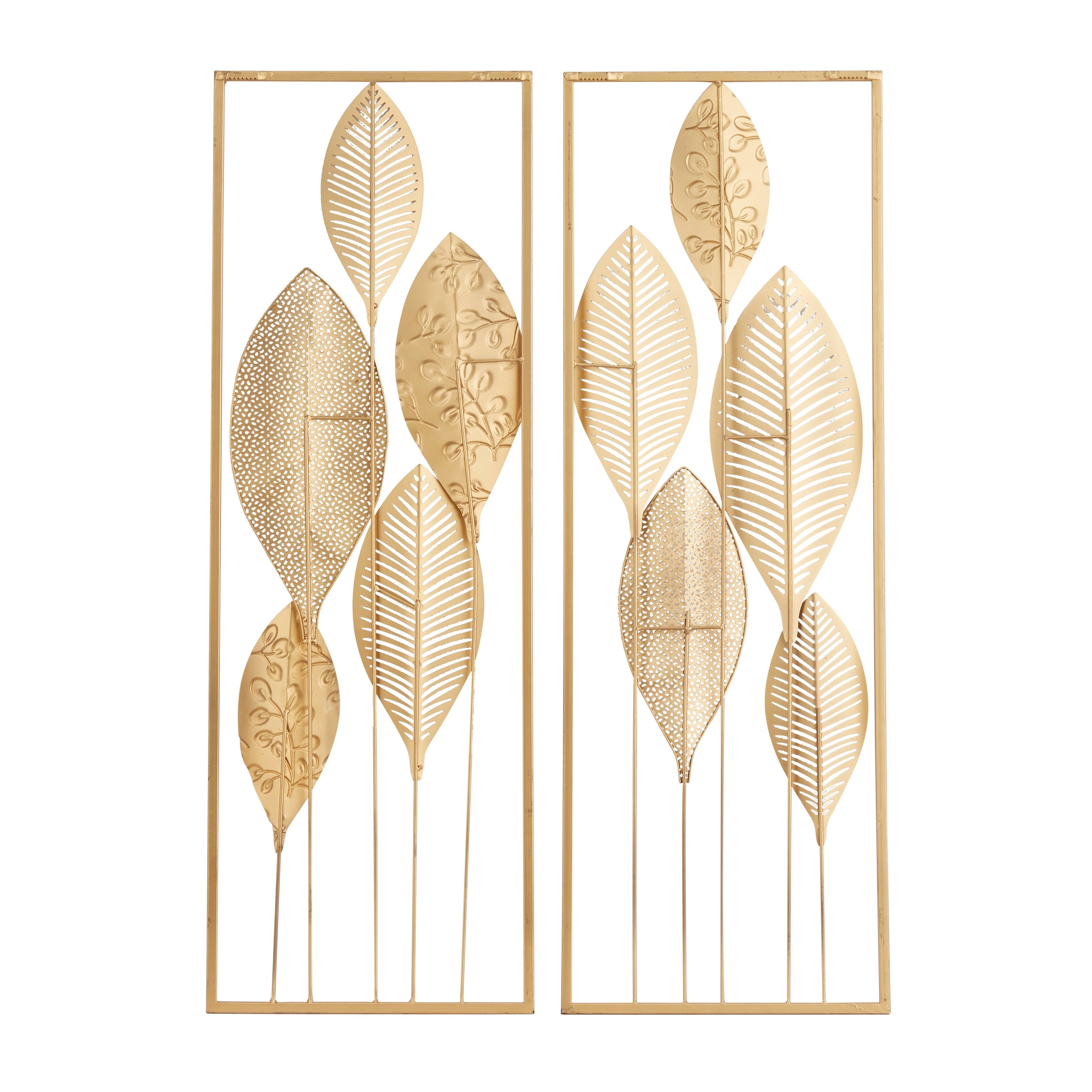 CosmoLiving by Cosmopolitan Gold Metal Tall Cut-Out Leaf Wall Decor with Gold Frame (Set of 2)