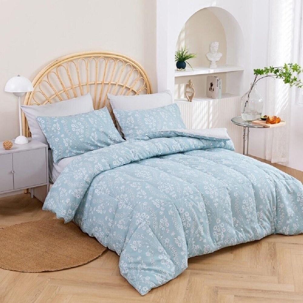 3pcs King Size Floral Comforter Sets Reversible Blue