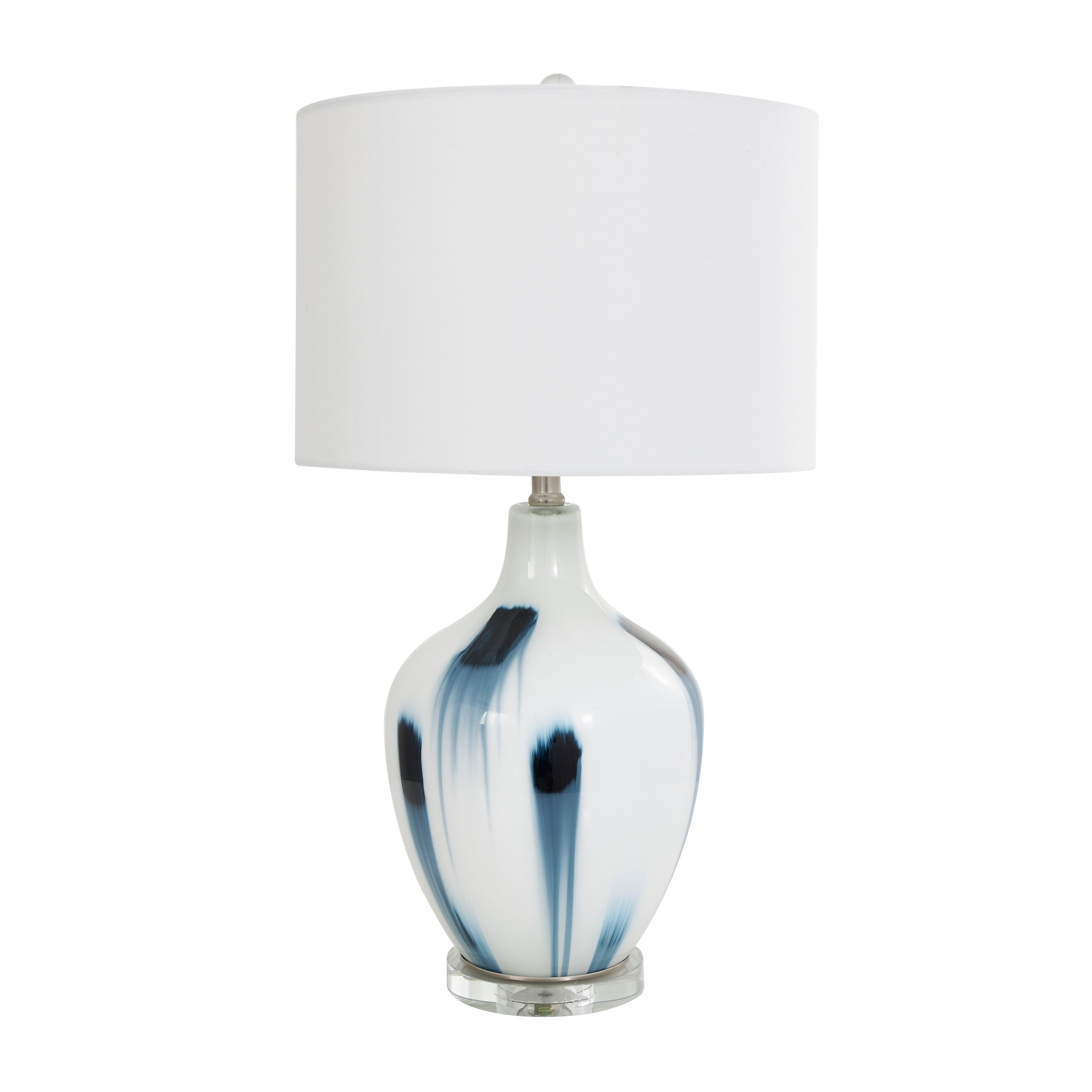 White Glass Abstract Accent Lamp with Blue Drip Splatter Design