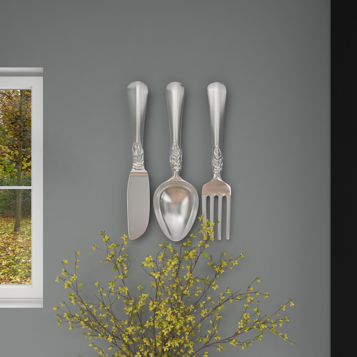 Aluminum Metal Utensils Knife, Spoon and Fork Home Wall Decor - Set of 3 Silver or Copper - Roche River Decor