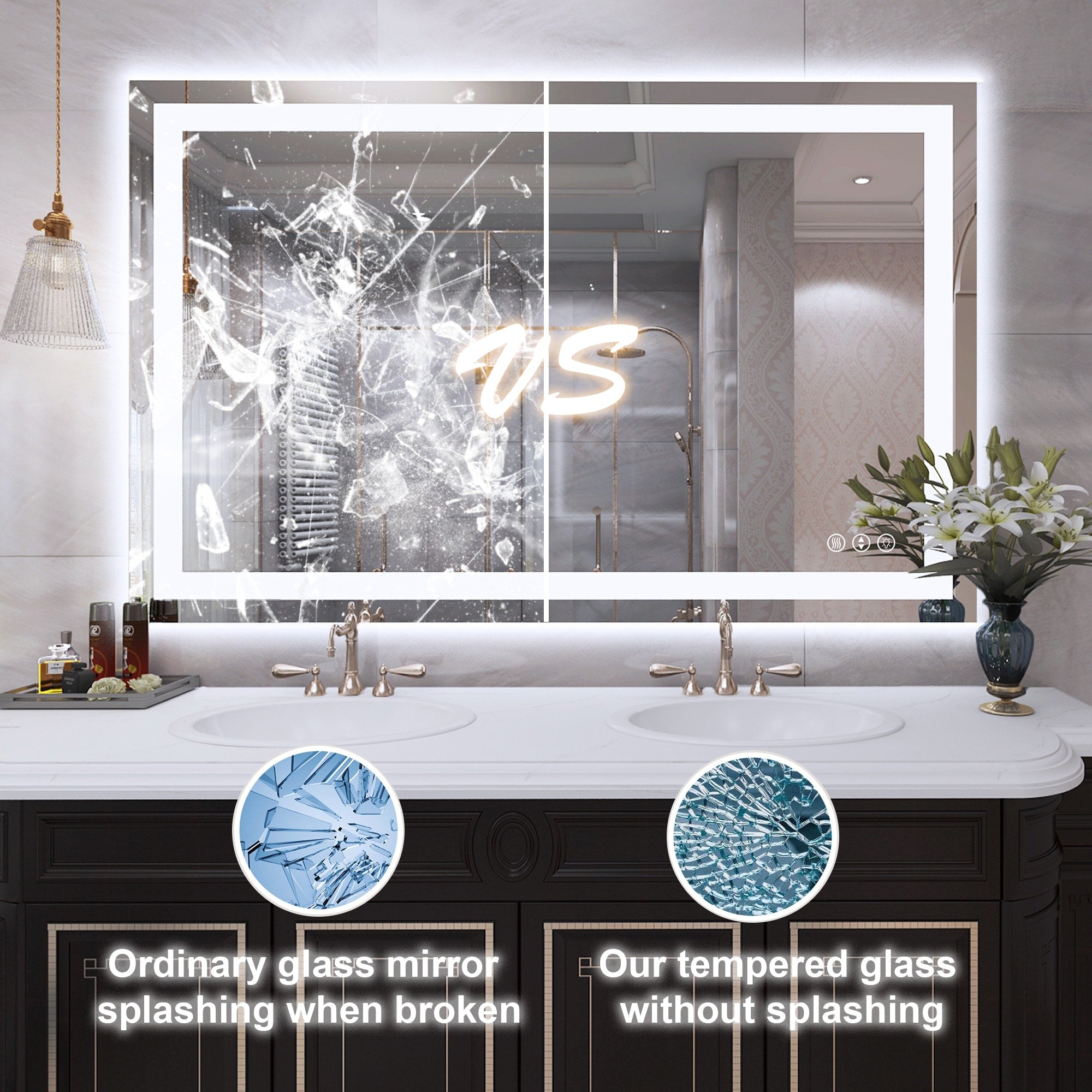 Large Rectangular Frameless Anti-Fog LED Light Wall Mounted Bathroom Vanity Mirror in White - N/A