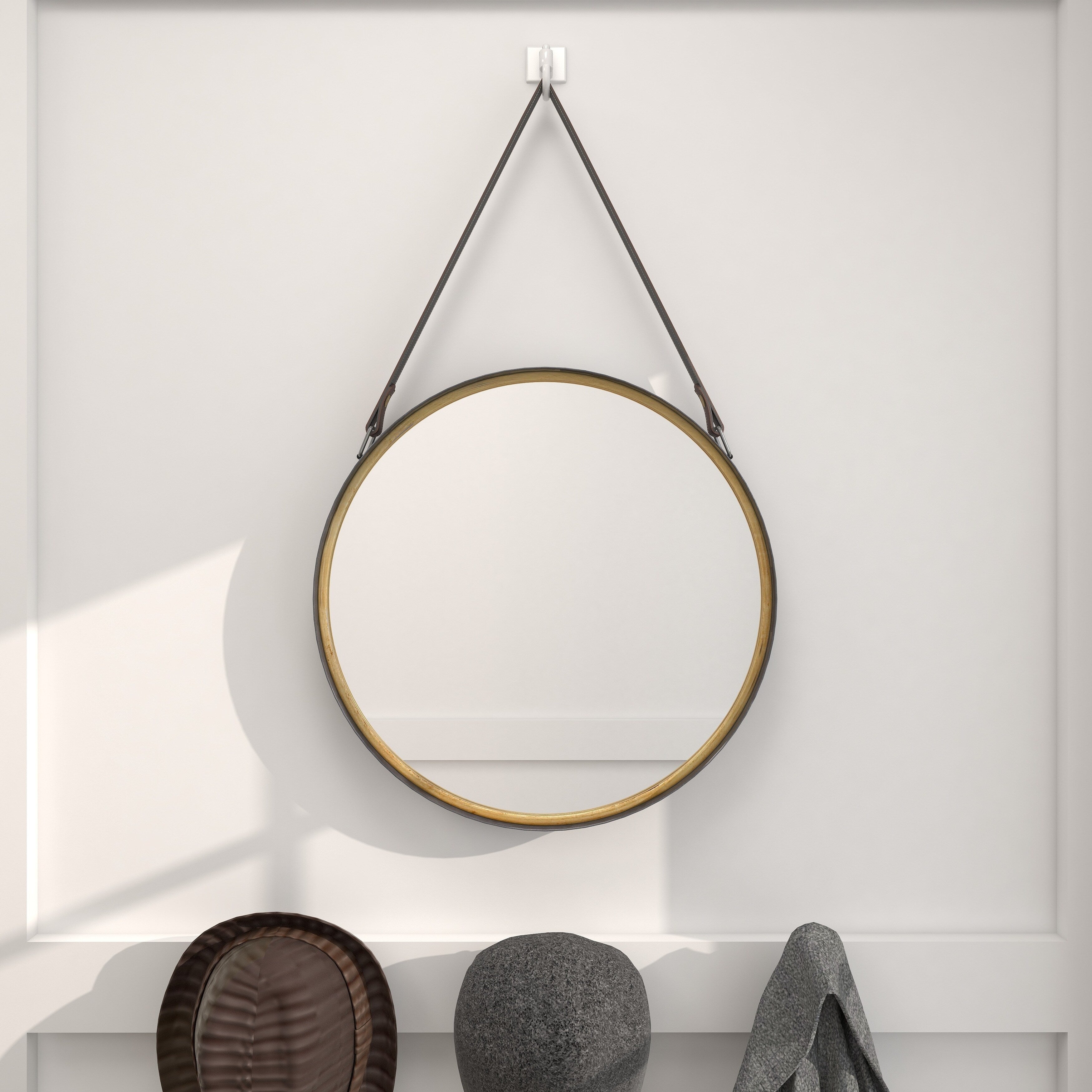 Gold Metal Room Wall Mirror with Leather Strap