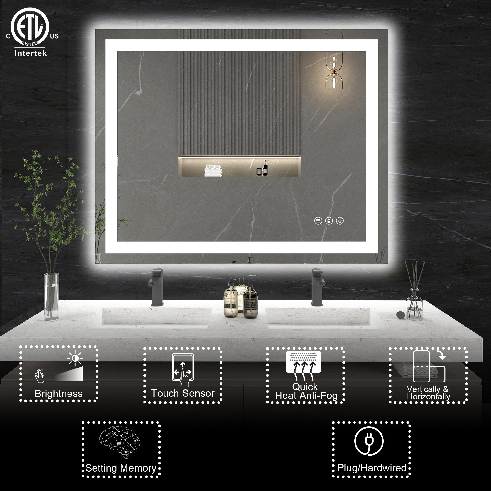 Large Rectangular Frameless Anti-Fog LED Light Wall Mounted Bathroom Vanity Mirror in White - N/A