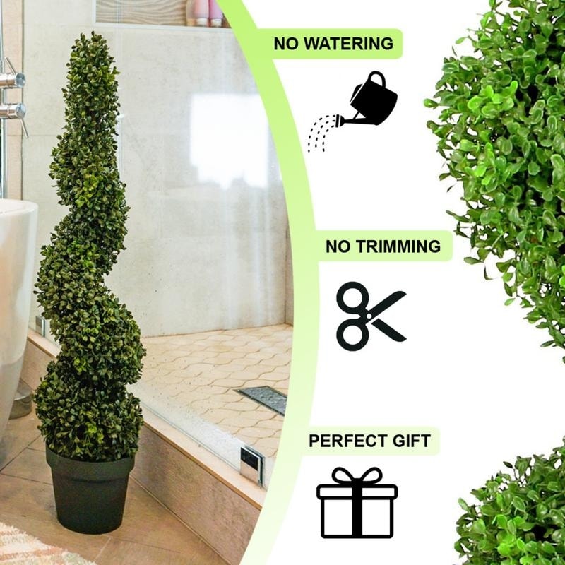 GTR4633-NATURAL-2 3-foot Faux Boxwood Spiral Topiary Plant in Plastic Pots (Set of 2)