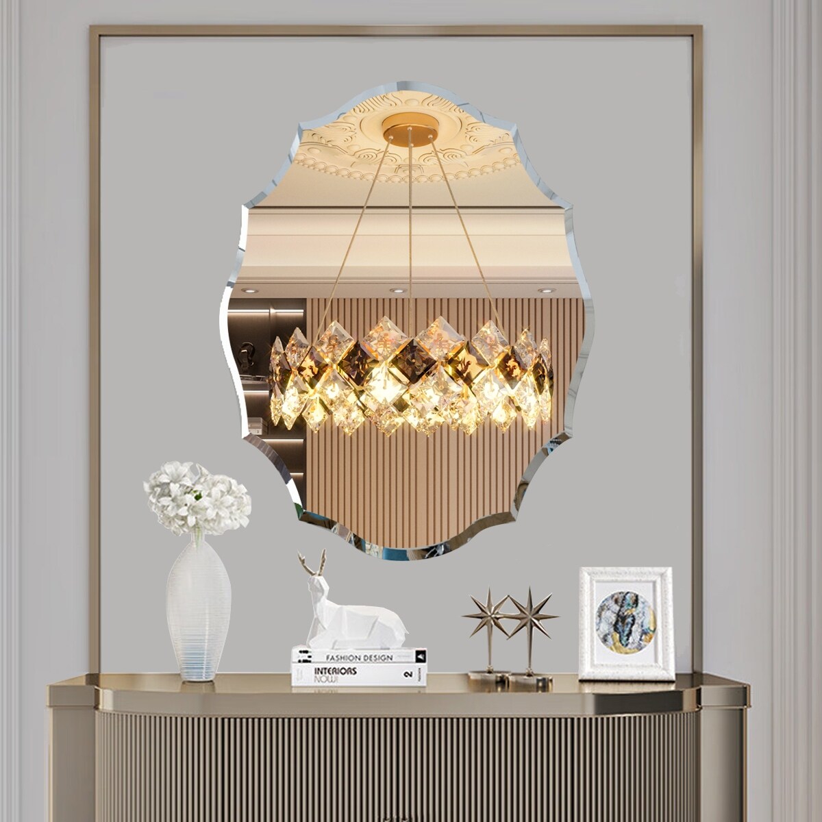 Beveled Frameless Wall Mirror Elegant Scalloped Bathroom Vanity Mirror