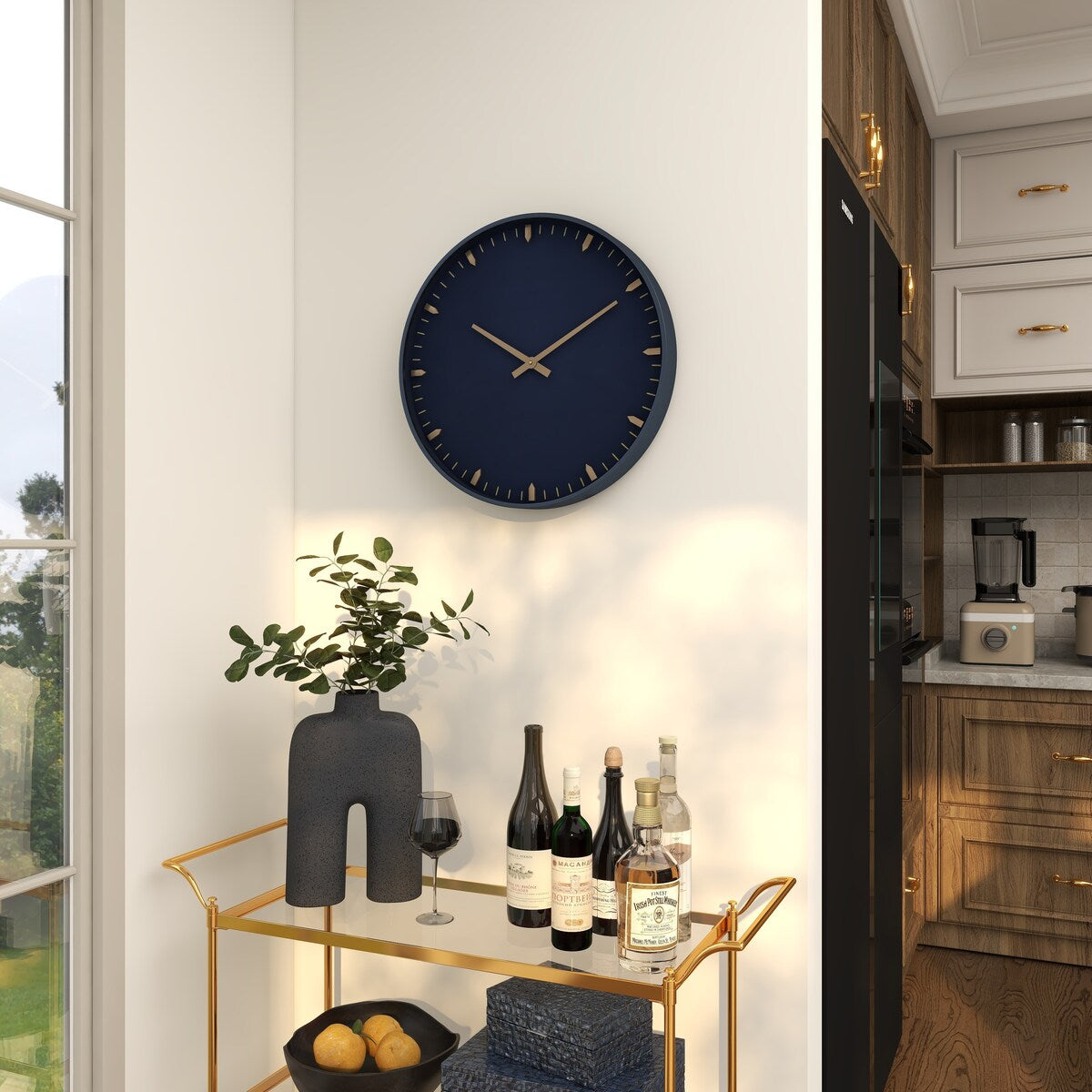 Glass or Plastic Decorative Wall Clock with Gold or Black Accents - Dark Blue, Gold, Black - Roche River Decor