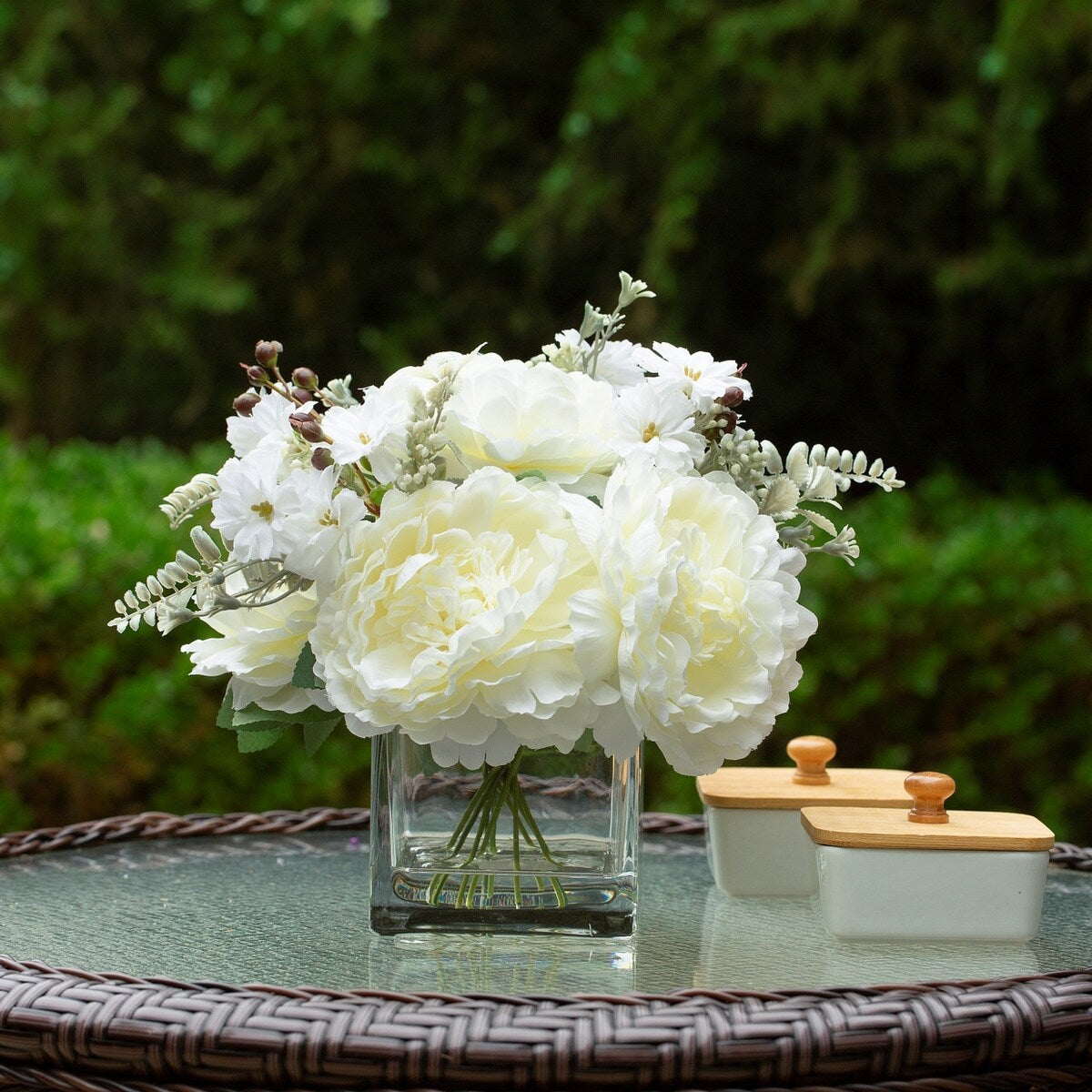 Mixed Silk Peony Artificial Flowers in Vase with Faux Water, Silk Flower Arrangements in Vase for Home Decor, Wedding Table