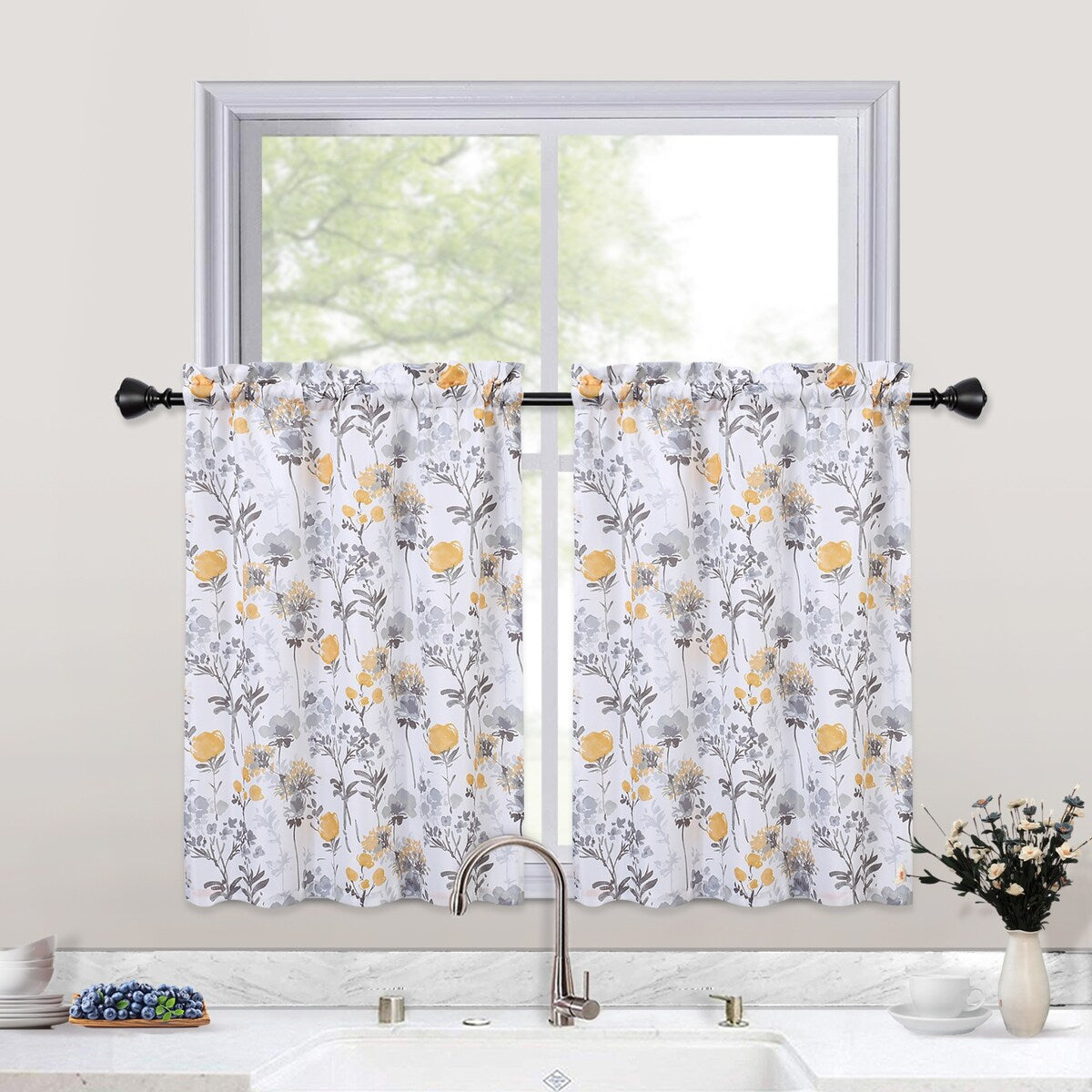 Watercolor Floral Cafe Kitchen Tier Curtains or Valances