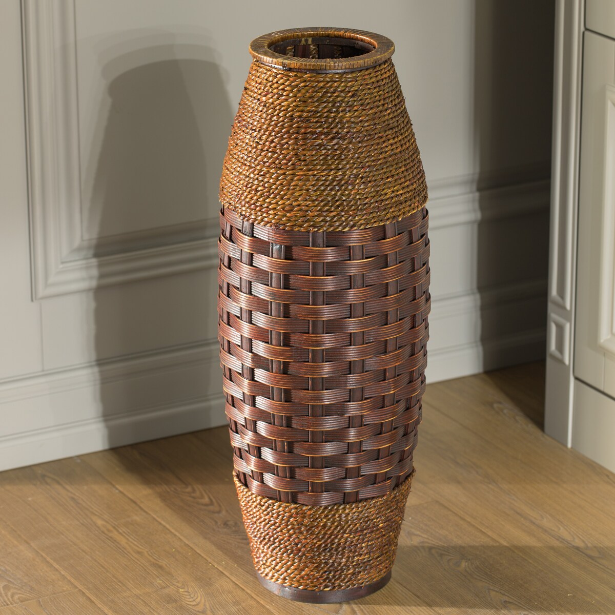 Antique Cylinder Style Floor Vase For Entryway or Living Room, Bamboo Rope, Brown 26 Tall