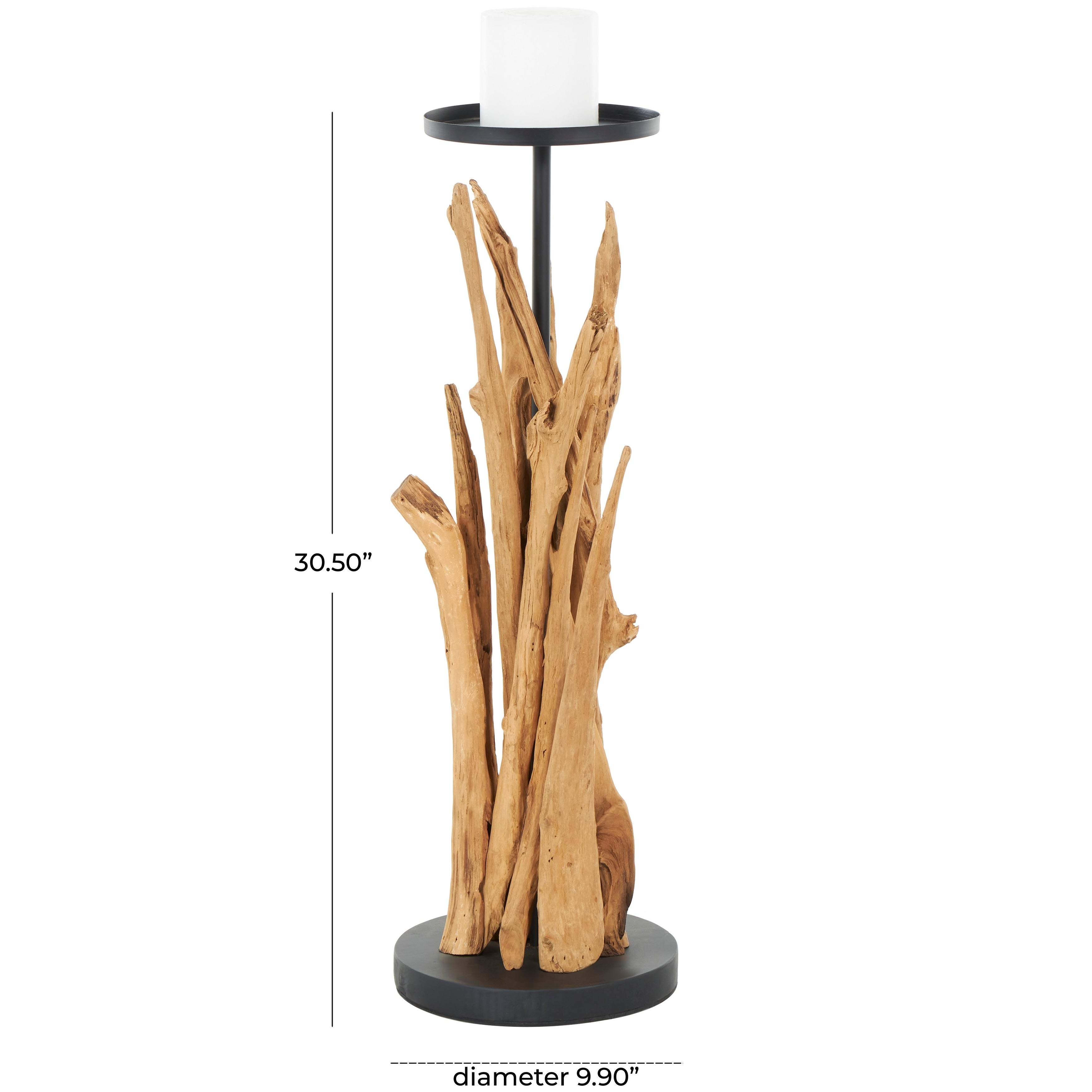 Brown Teak Wood Handmade Tall Tree Branch Floor Candle Holder with Black Metal Accents